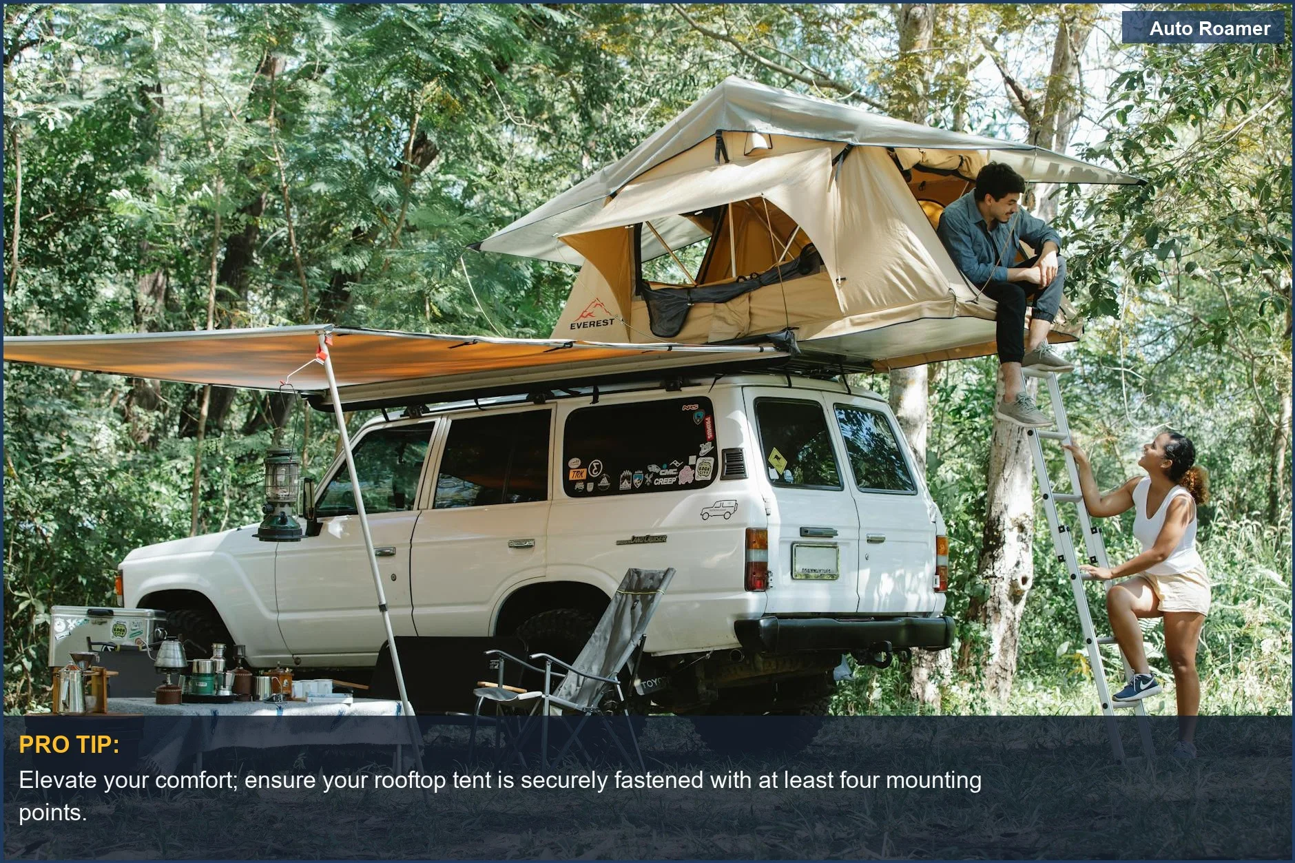 Experience nature's embrace with a couple camping in a lush forest using a rooftop tent on their Lexus SUV.