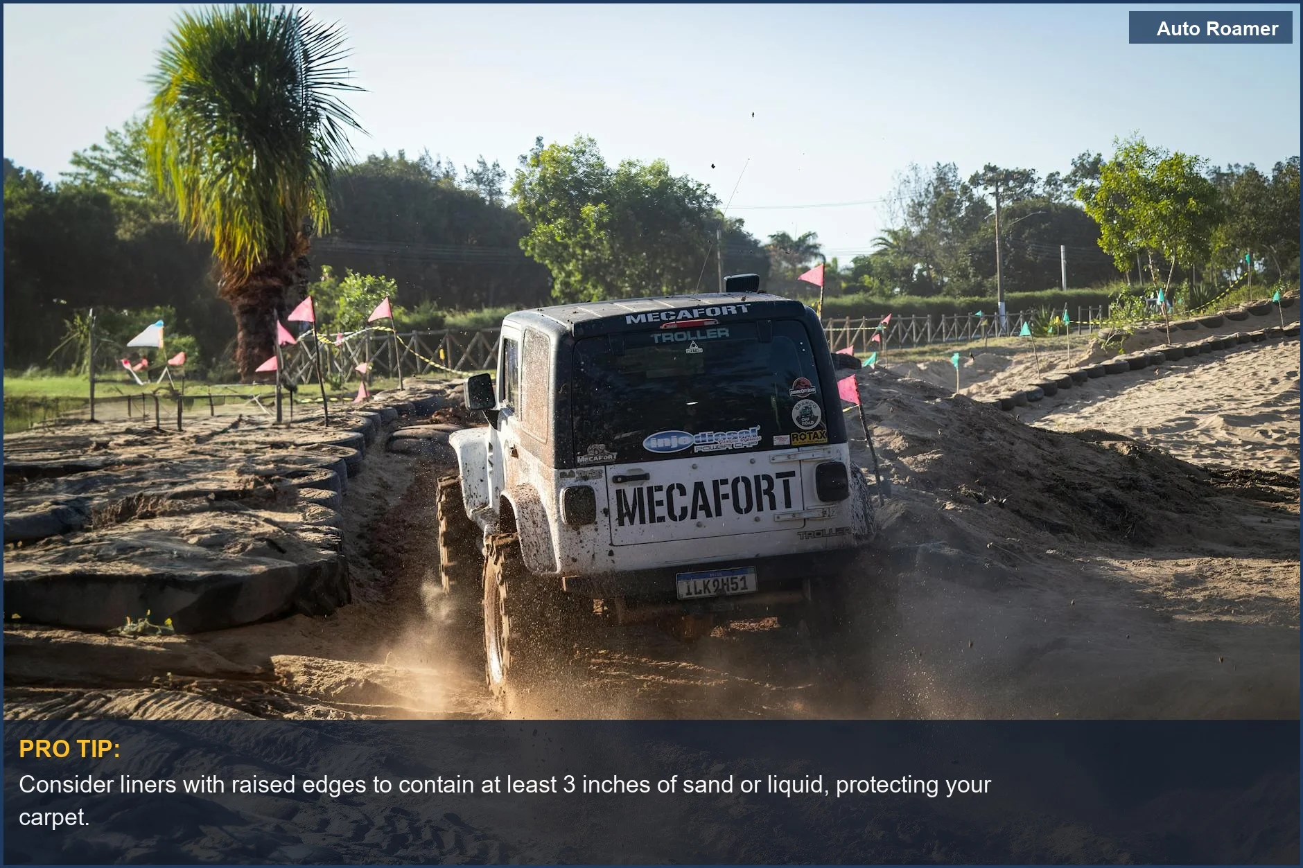 4x4 vehicle on sandy off-road track, highlighting the need for camping car mats.