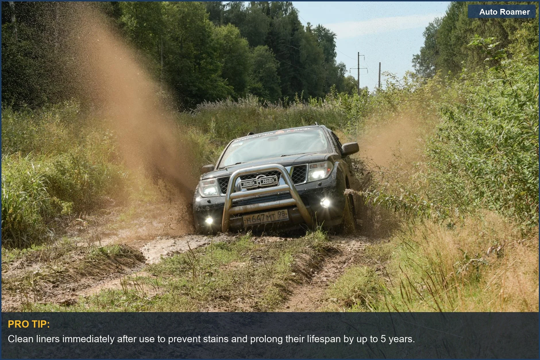 SUV driving through muddy forest road, showcasing durable car liners for outdoor adventures.