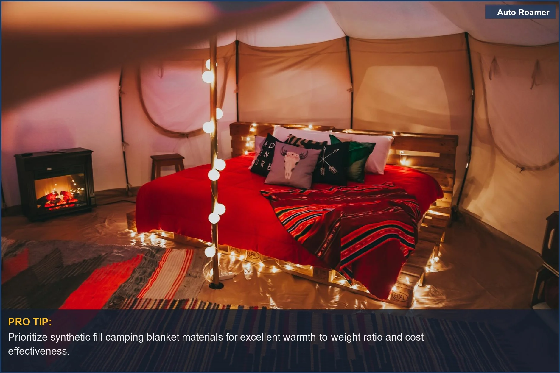 Inviting glamping tent interior with string lights and comfortable bedding, suggesting cozy camping blanket choices.
