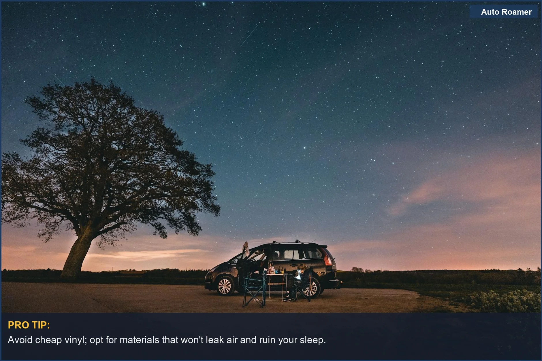 Experience durable camping mattress nights under starry skies next to an SUV in Belgium.