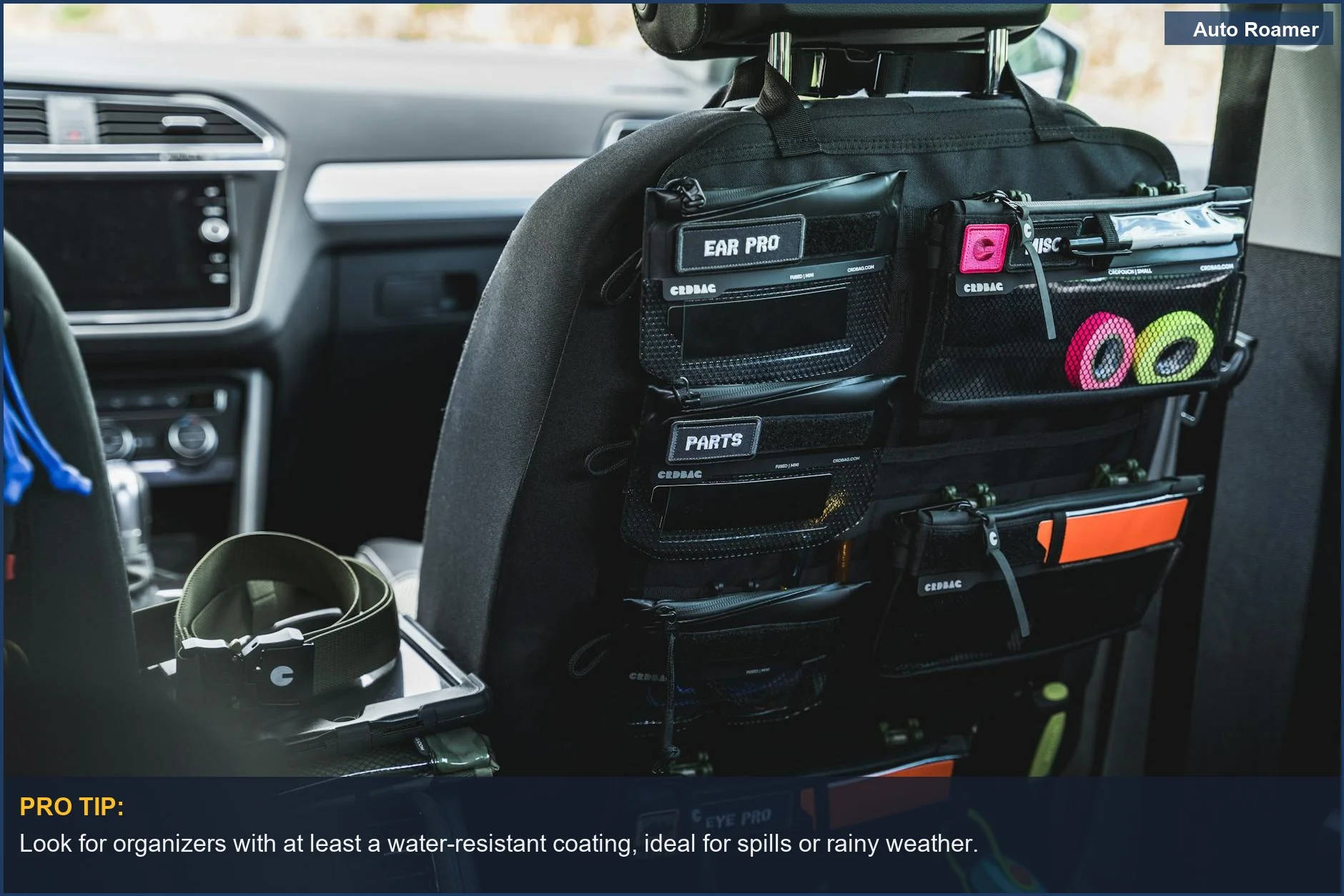 Waterproof car cargo organizer with labeled pockets for accessories and gear storage.