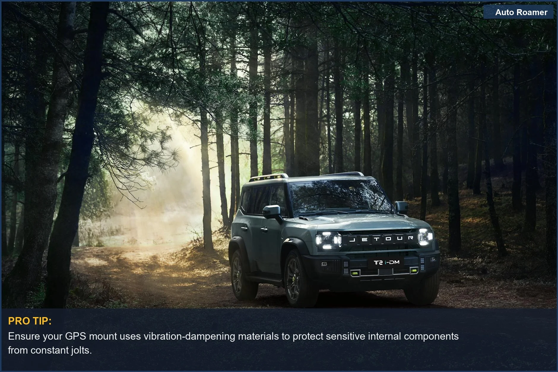 Jetour T2 SUV driving through a misty forest trail, showcasing advanced off-road GPS technology.