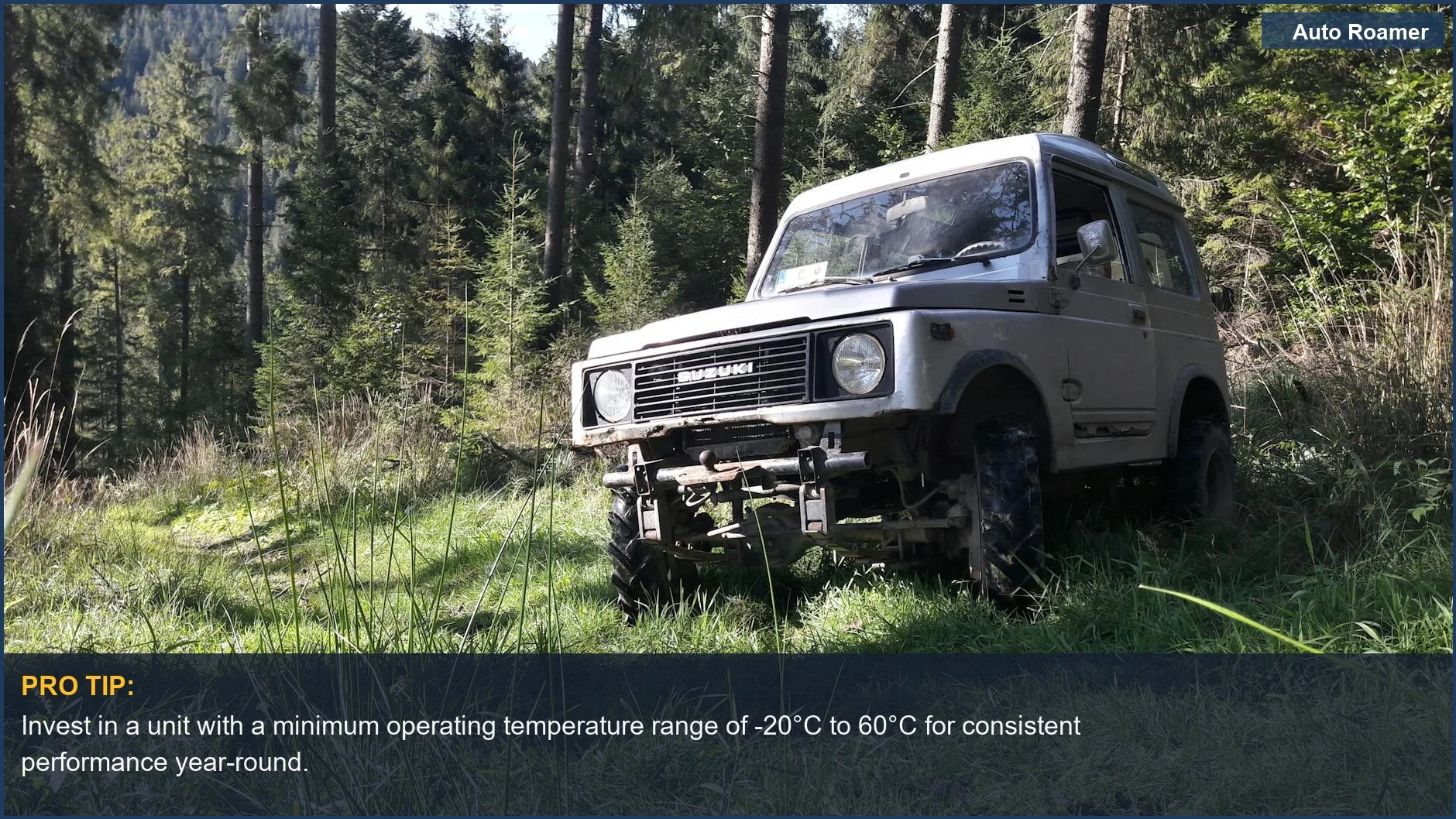 Rugged off-road vehicle parked in a lush forest, a prime candidate for a reliable GPS navigation system.