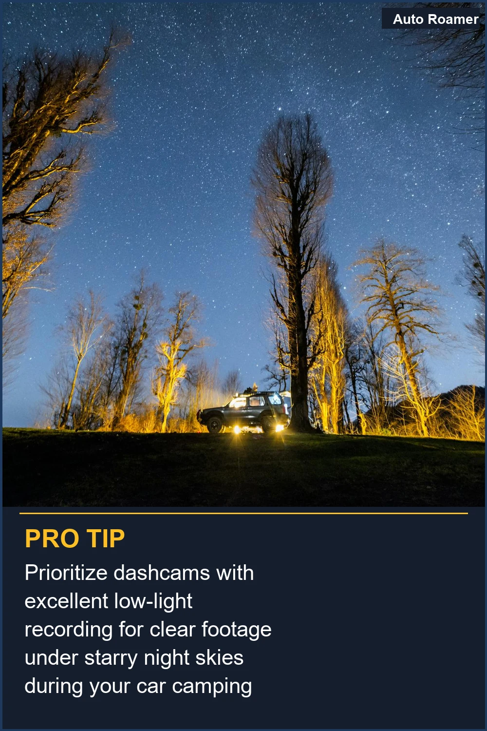 Prioritize dashcams with excellent low-light recording for clear footage under starry night skies during your car camping trips.