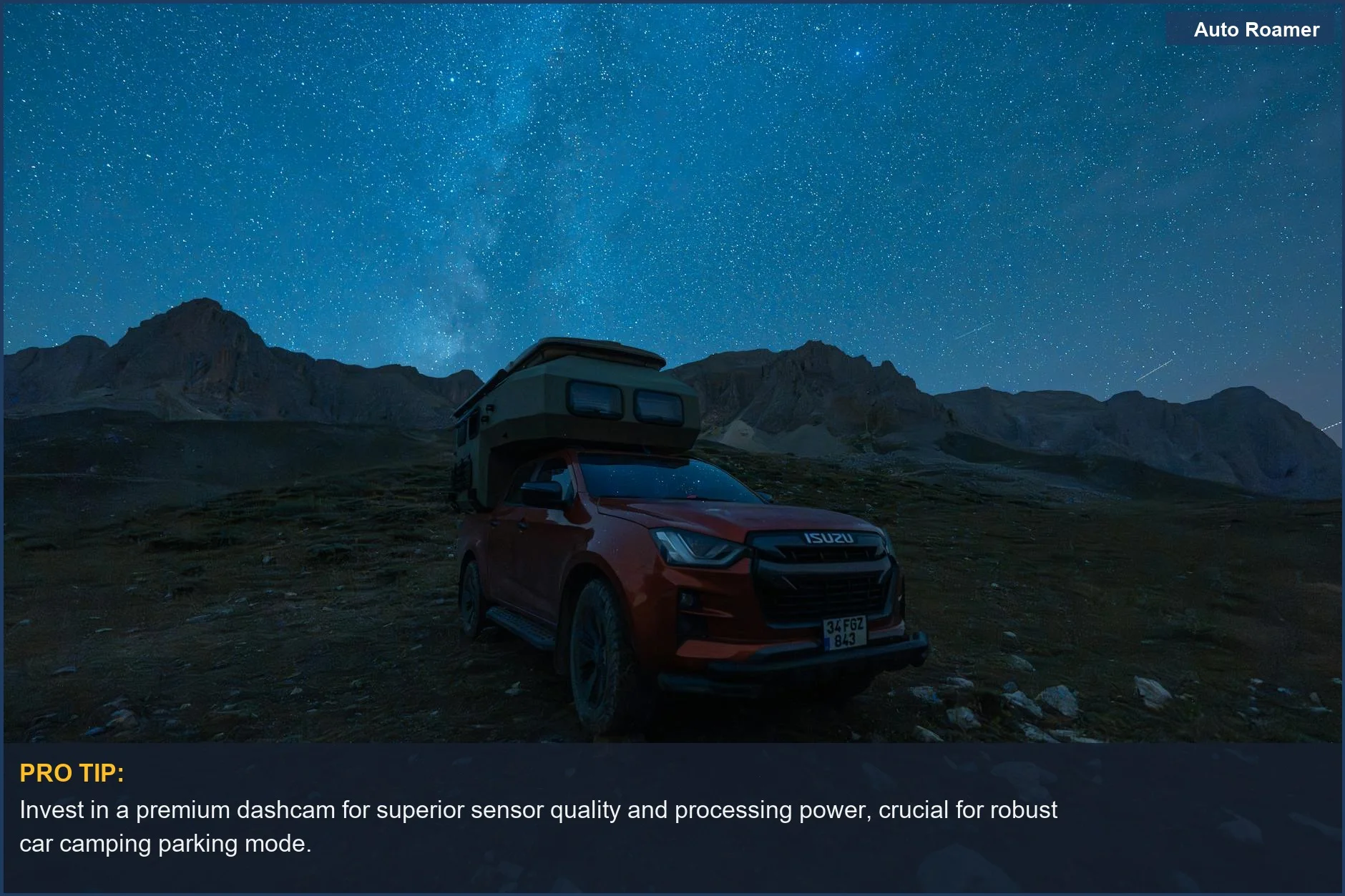 Red SUV with rooftop tent under a starry night sky in mountains, for adventure seekers.