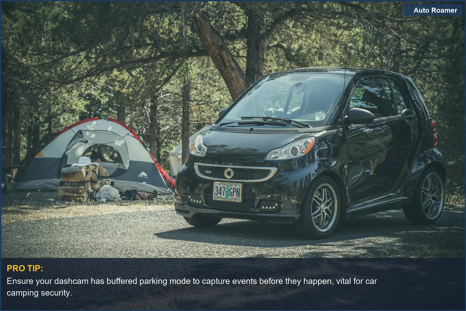 Smart car parked near a tent in a wooded campsite, ideal for car camping dashcam.