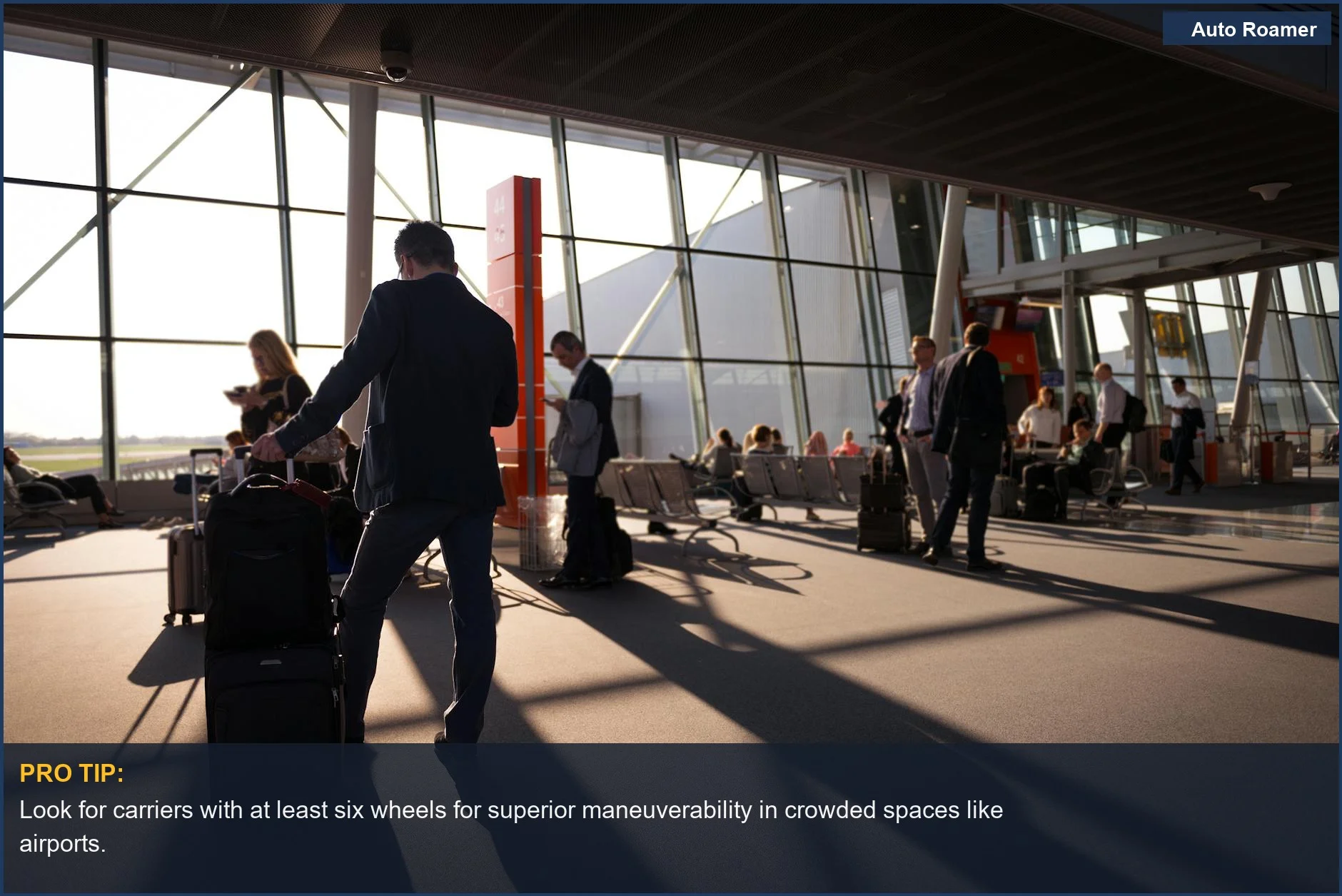Travelers navigating an airport with luggage, highlighting the convenience of rolling carriers.