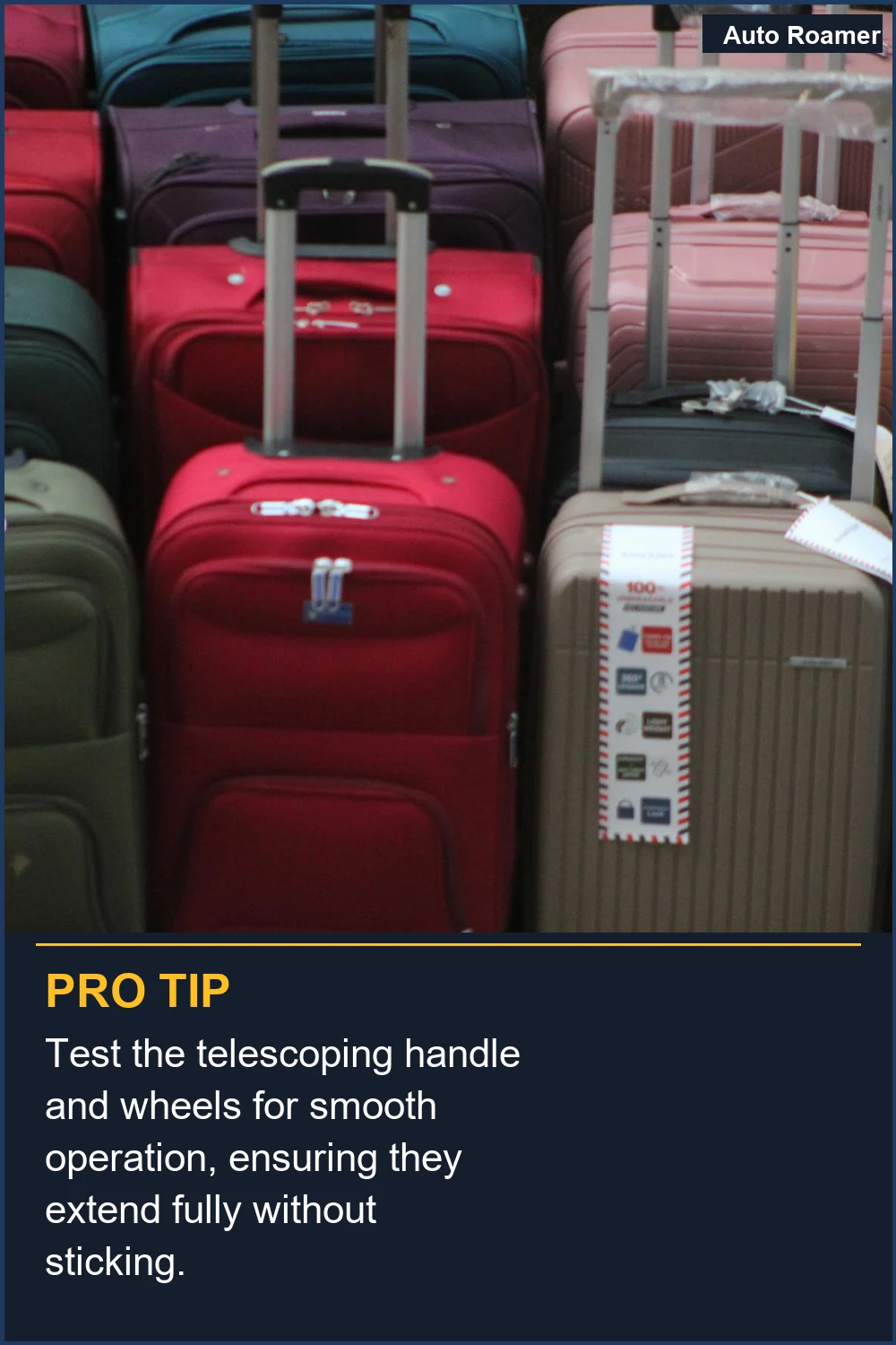 Test the telescoping handle and wheels for smooth operation, ensuring they extend fully without sticking.