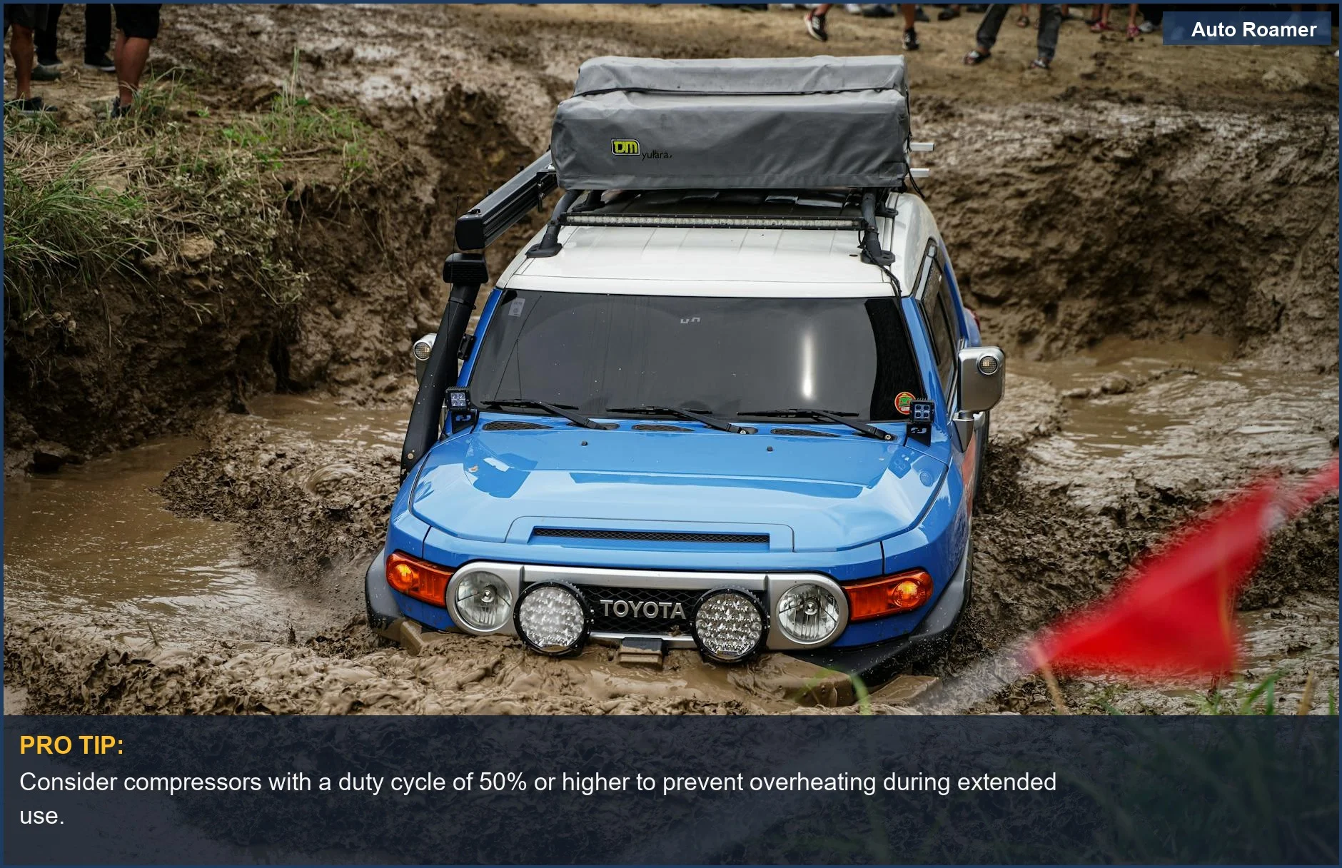 Blue SUV driving through mud in the Philippines, showcasing the need for a robust portable air compressor for off-road recovery.