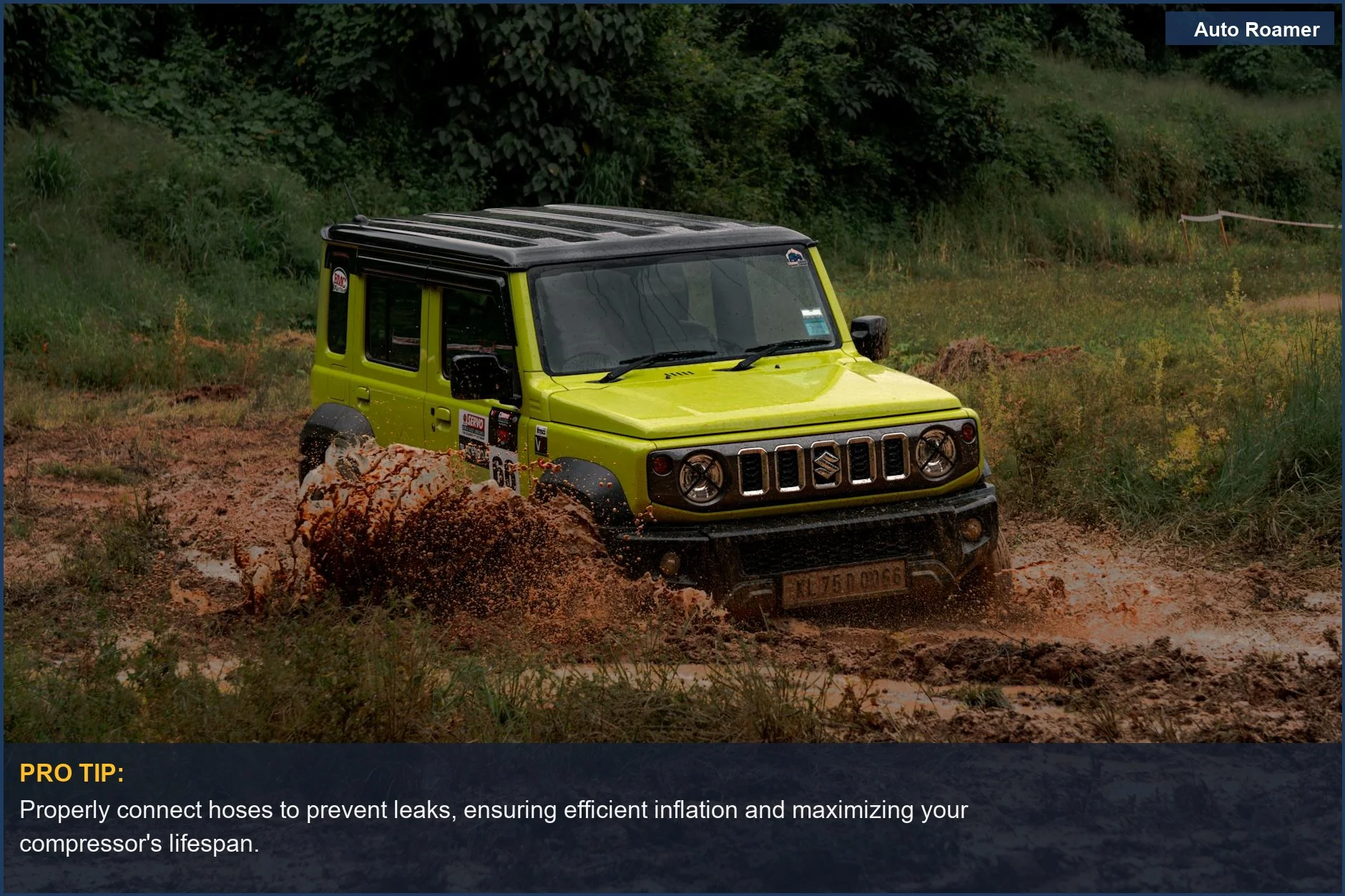 Lime SUV powering through a muddy off-road trail, demonstrating the essential role of a portable air compressor for off-road capability.