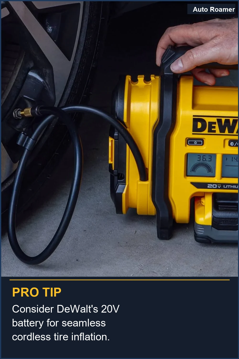 Consider DeWalt's 20V battery for seamless cordless tire inflation.