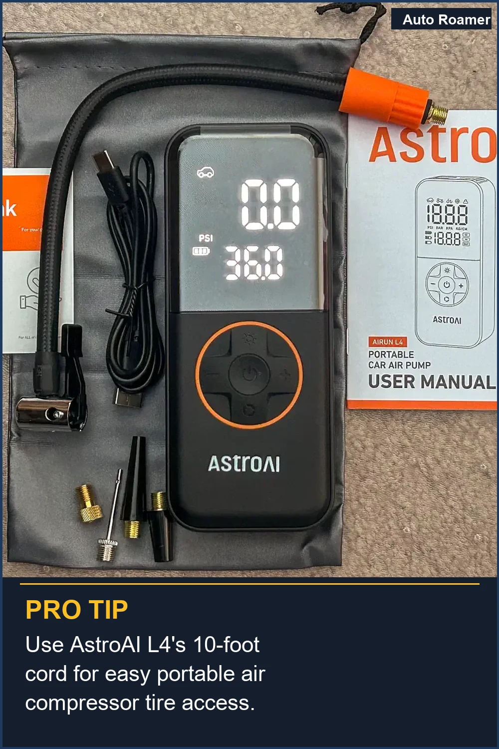 Use AstroAI L4's 10-foot cord for easy portable air compressor tire access.