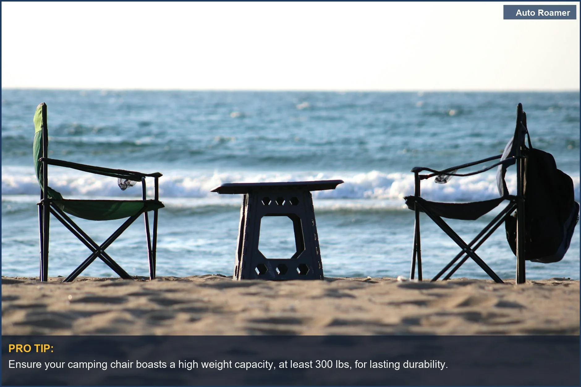 Relaxing on a scenic beach with camping chairs facing the ocean waves, ideal for car camping.