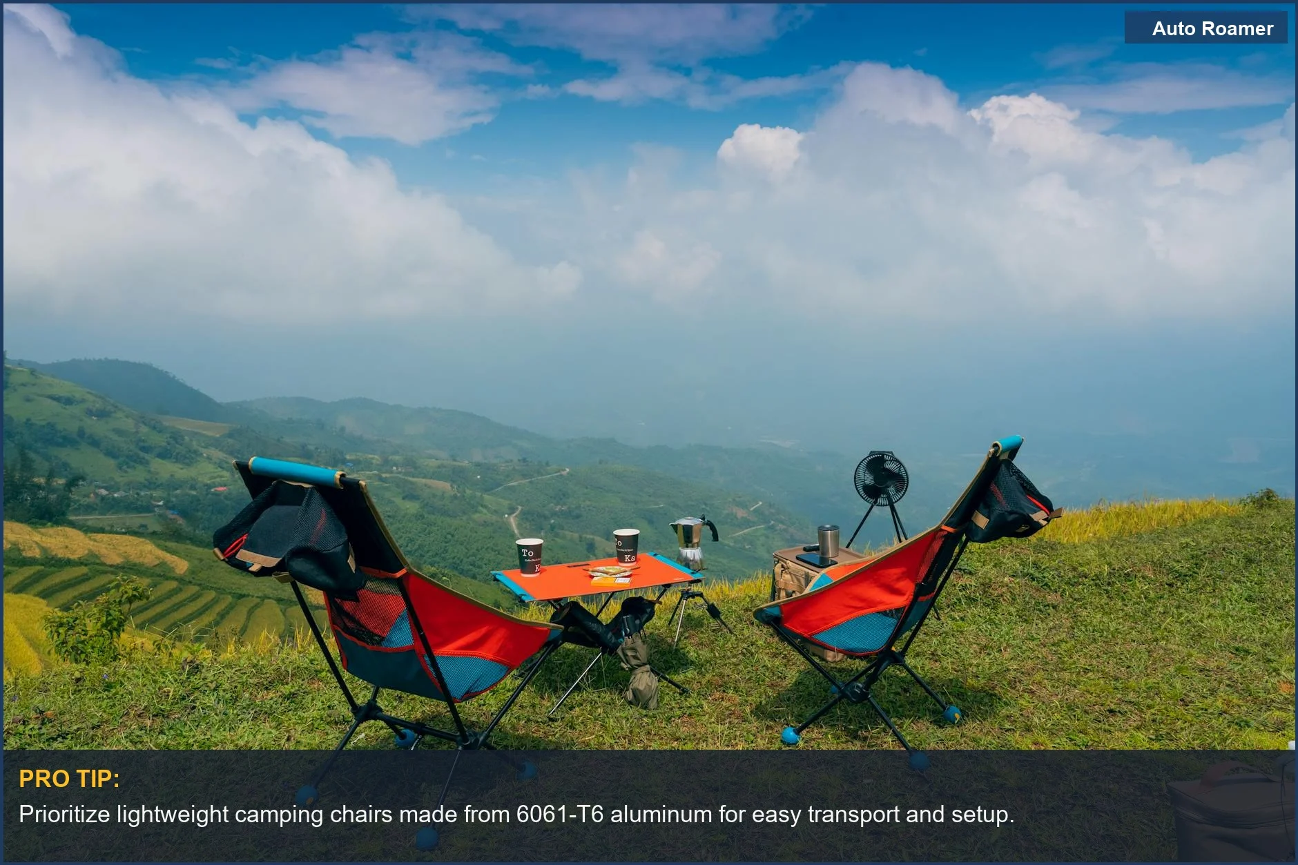 Two colorful, lightweight camping chairs set against a backdrop of stunning Vietnamese mountains.