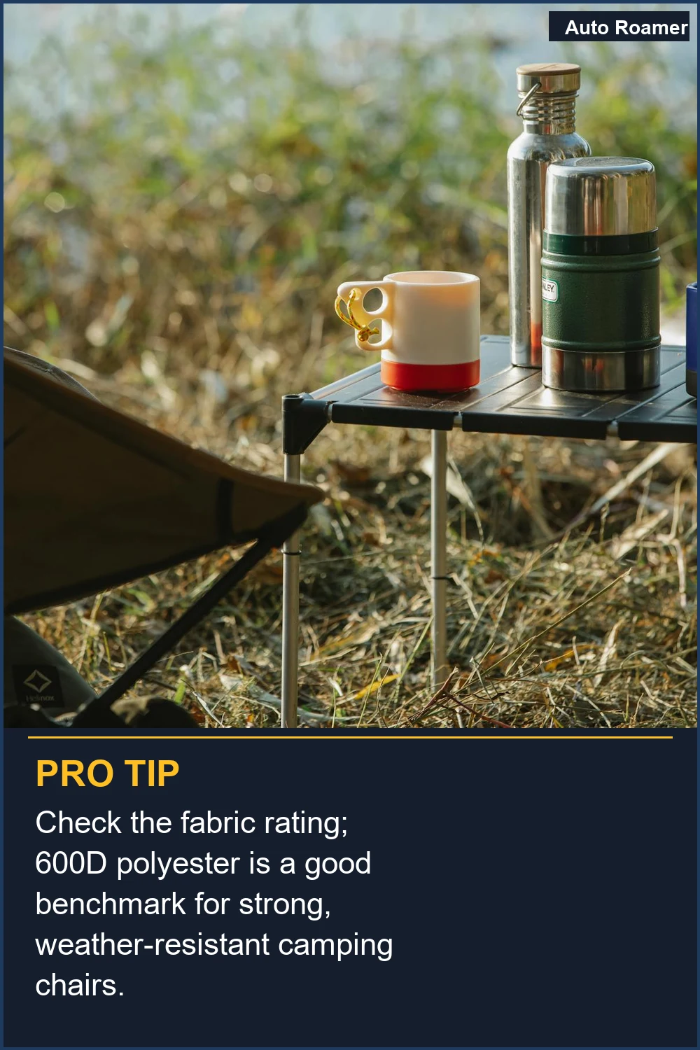 Check the fabric rating; 600D polyester is a good benchmark for strong, weather-resistant camping chairs.