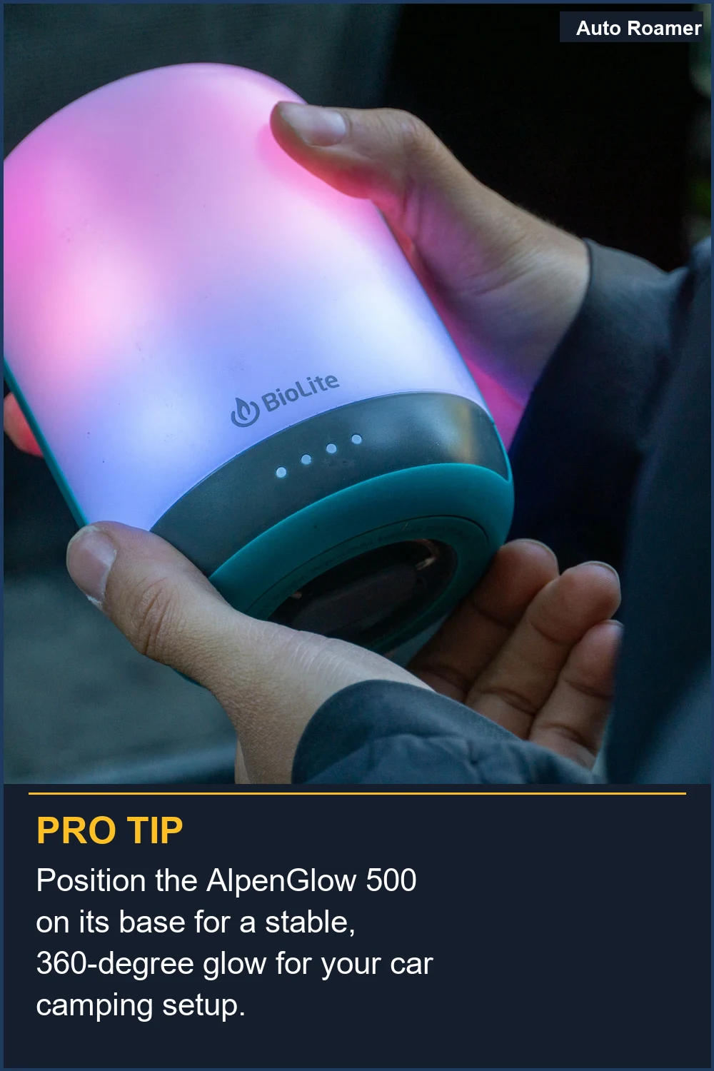 Position the AlpenGlow 500 on its base for a stable, 360-degree glow for your car camping setup.