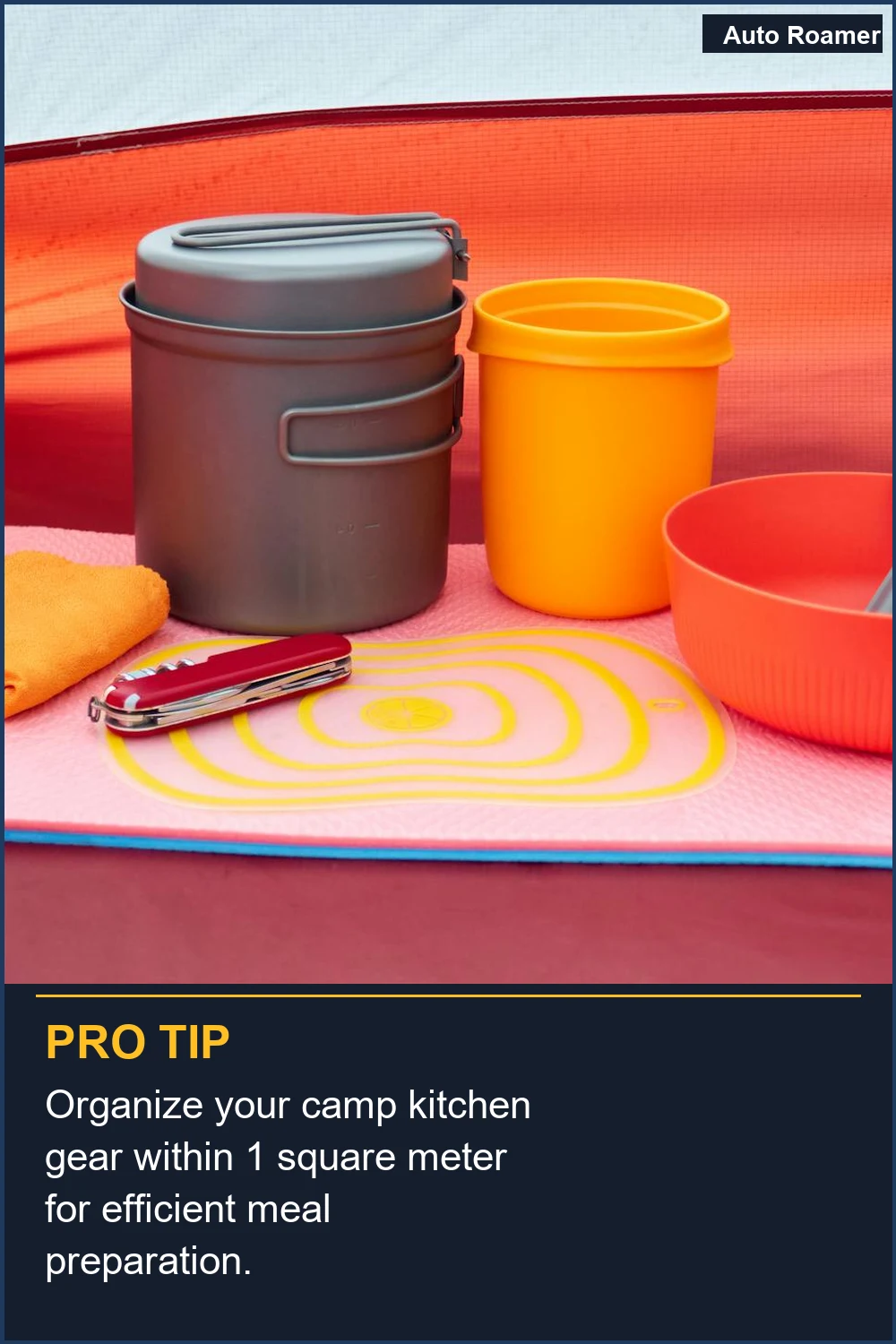 Organize your camp kitchen gear within 1 square meter for efficient meal preparation.