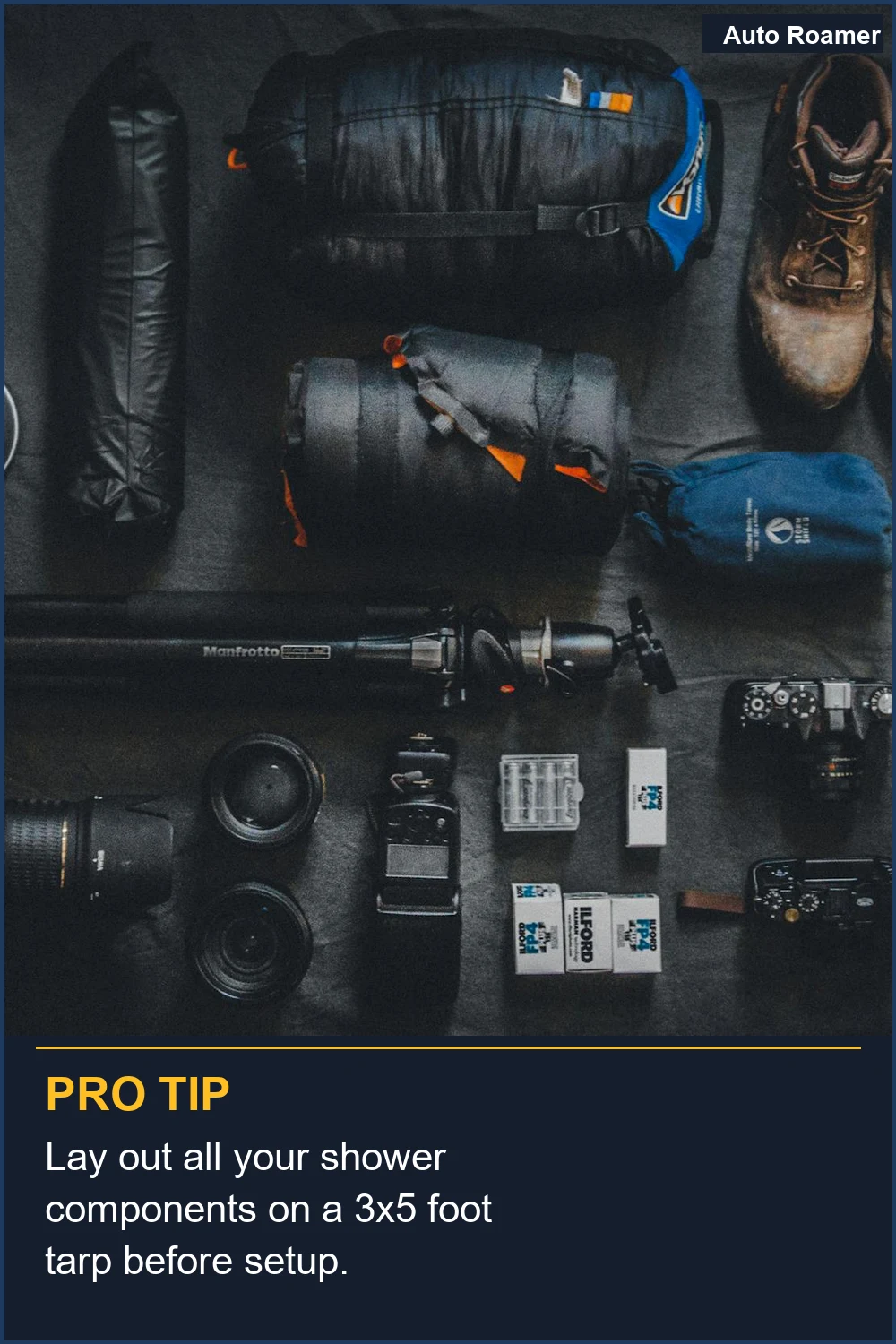 Lay out all your shower components on a 3x5 foot tarp before setup.