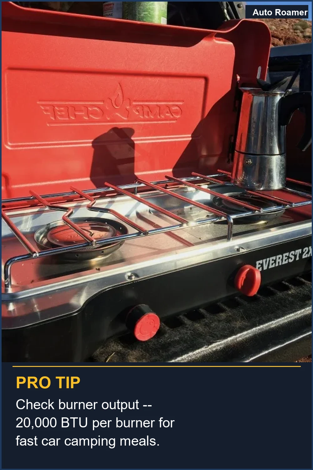 Check burner output -- 20,000 BTU per burner for fast car camping meals.
