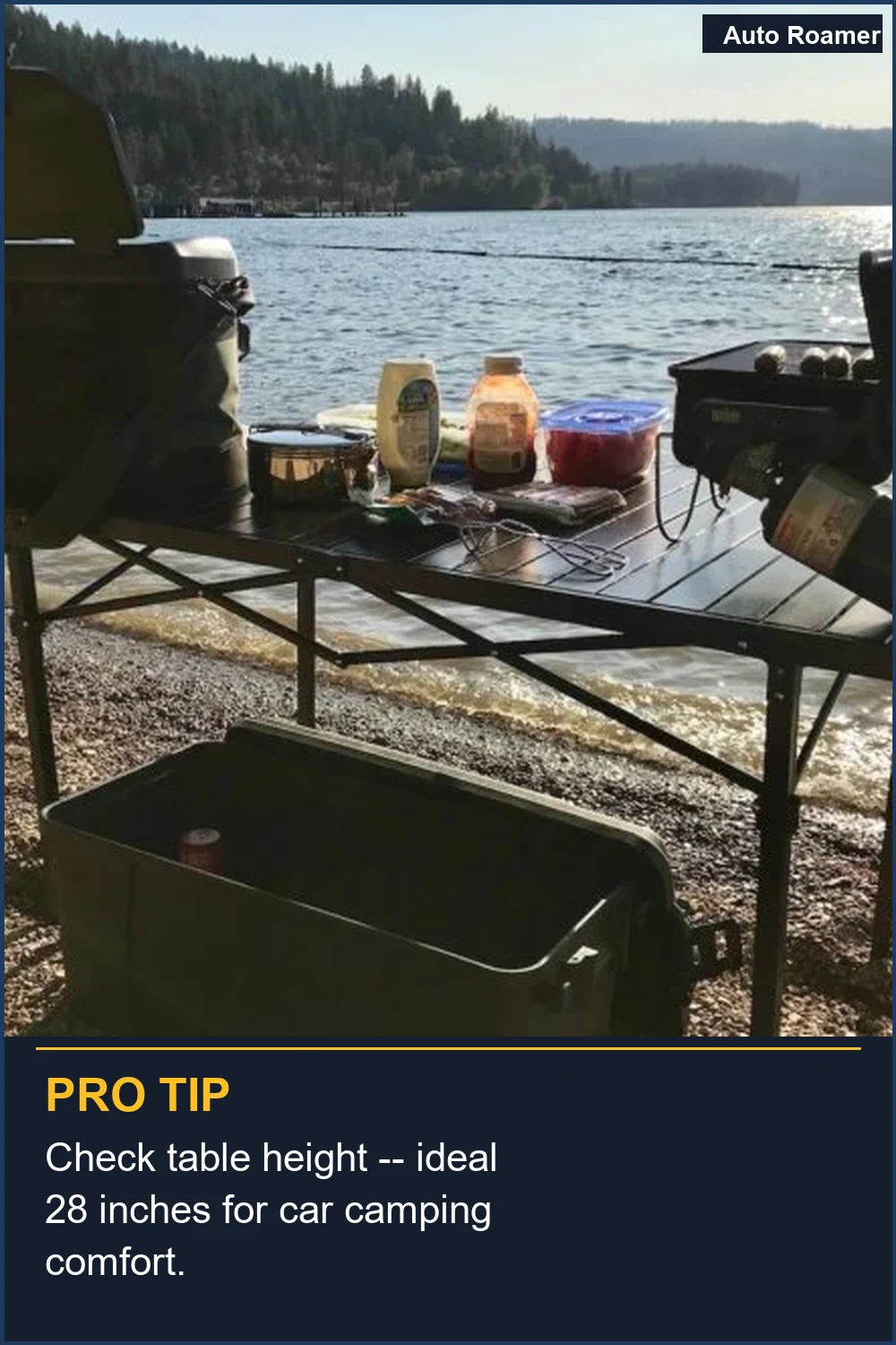 Check table height -- ideal 28 inches for car camping comfort.