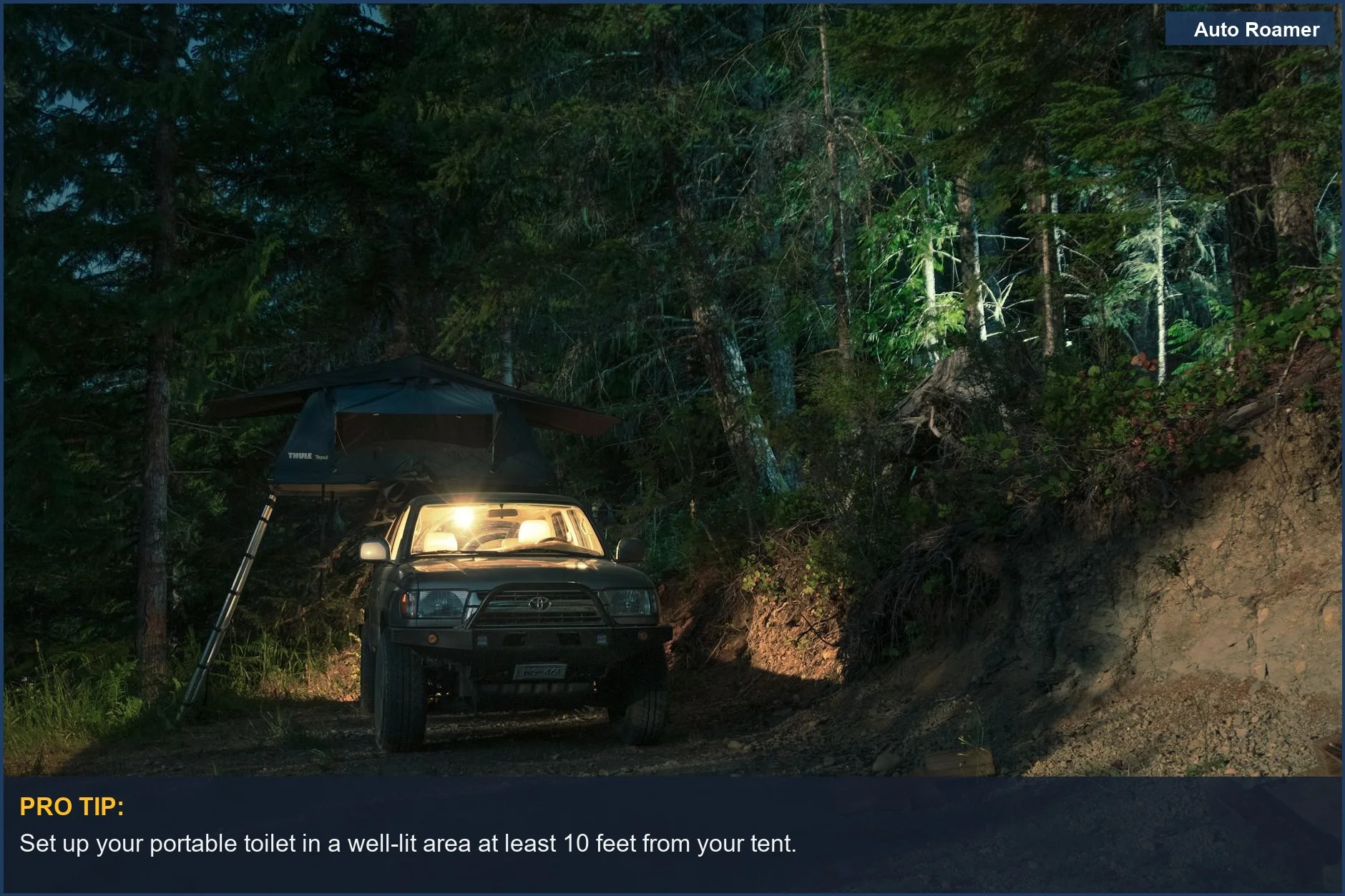SUV with rooftop tent in a dimly lit forest campsite at night, underscoring proper portable camping toilet setup.