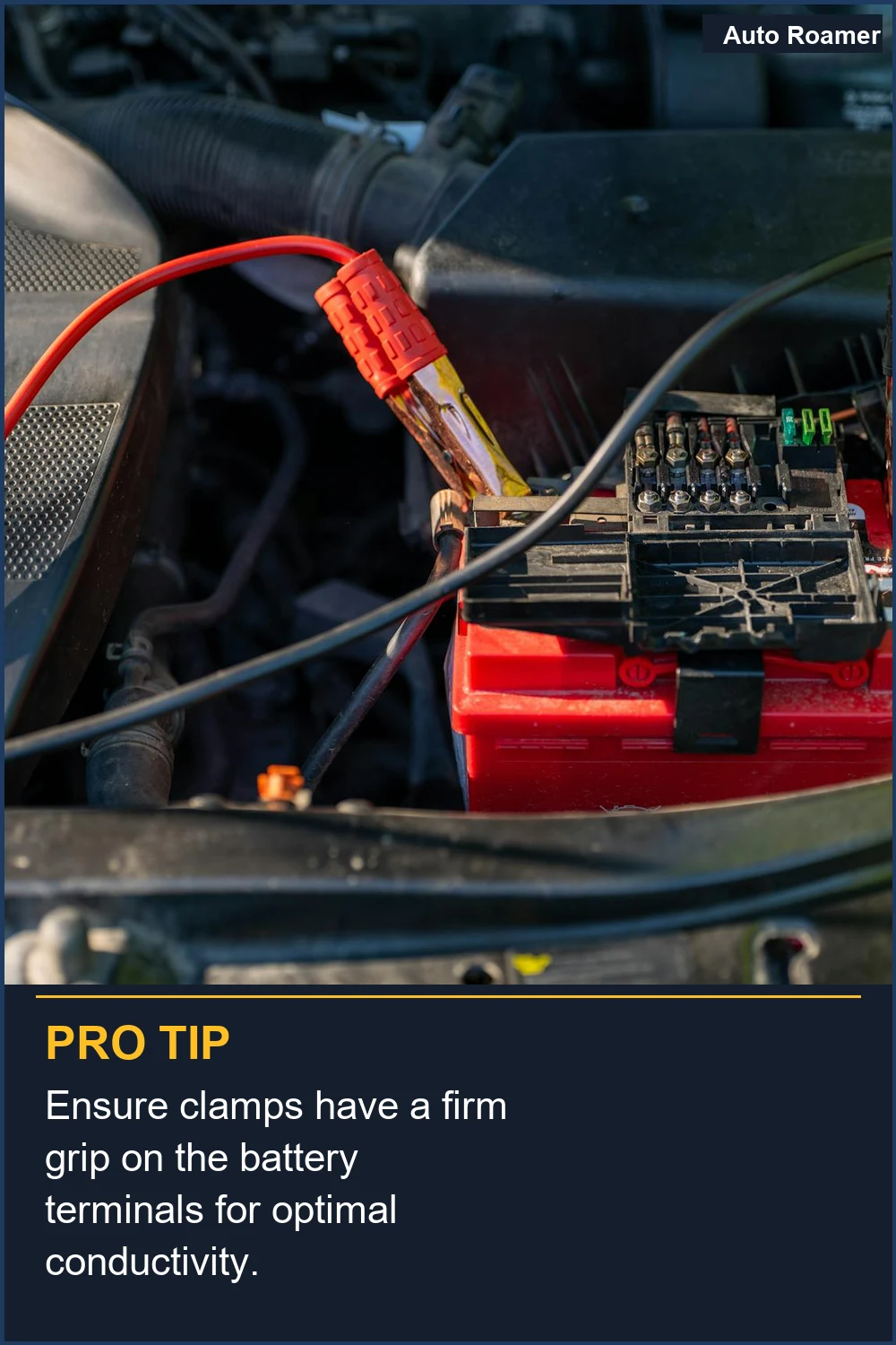 Ensure clamps have a firm grip on the battery terminals for optimal conductivity.