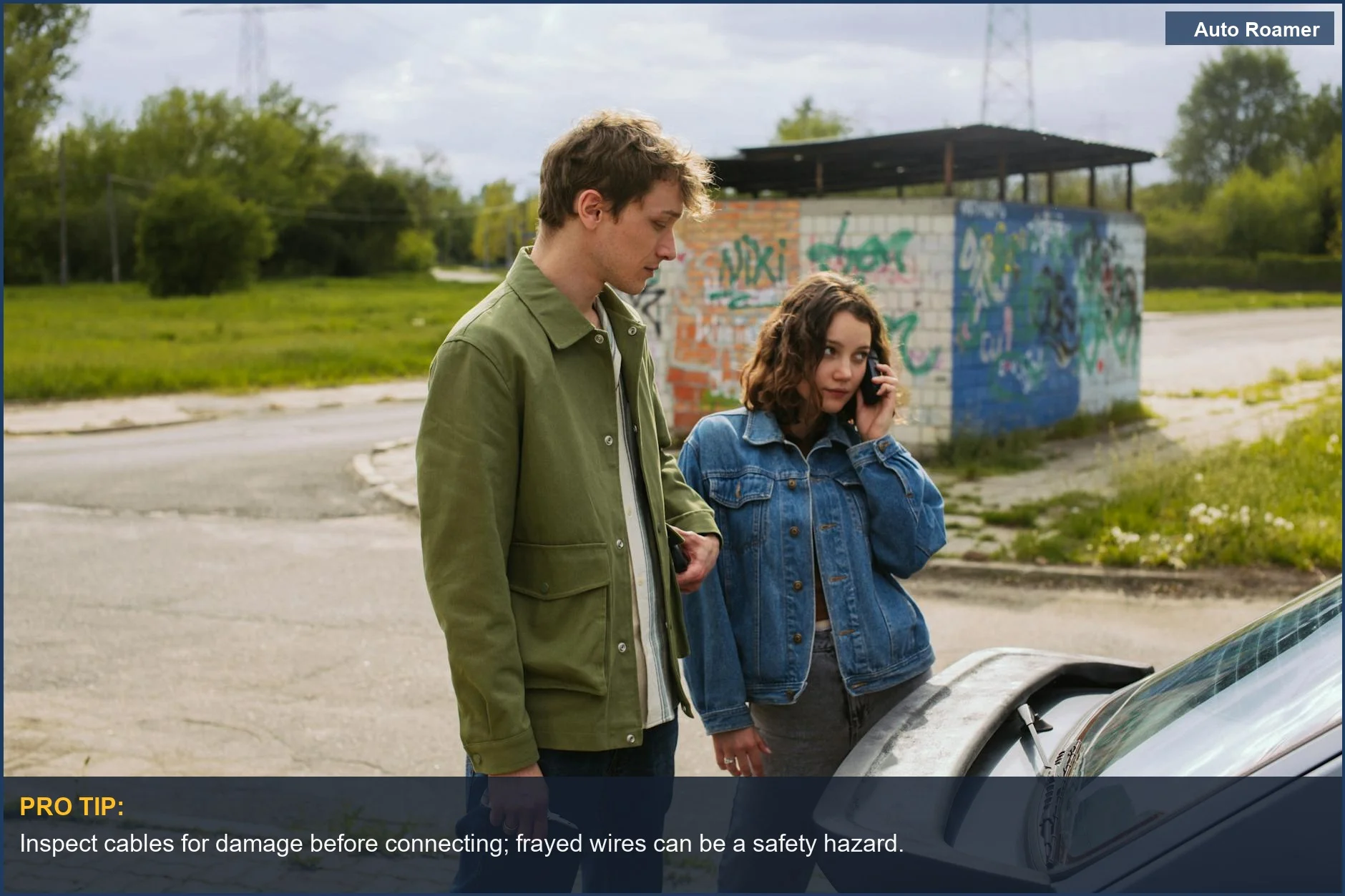 Couple facing car trouble, needing the best portable car jump starter of 2026 for a quick fix.