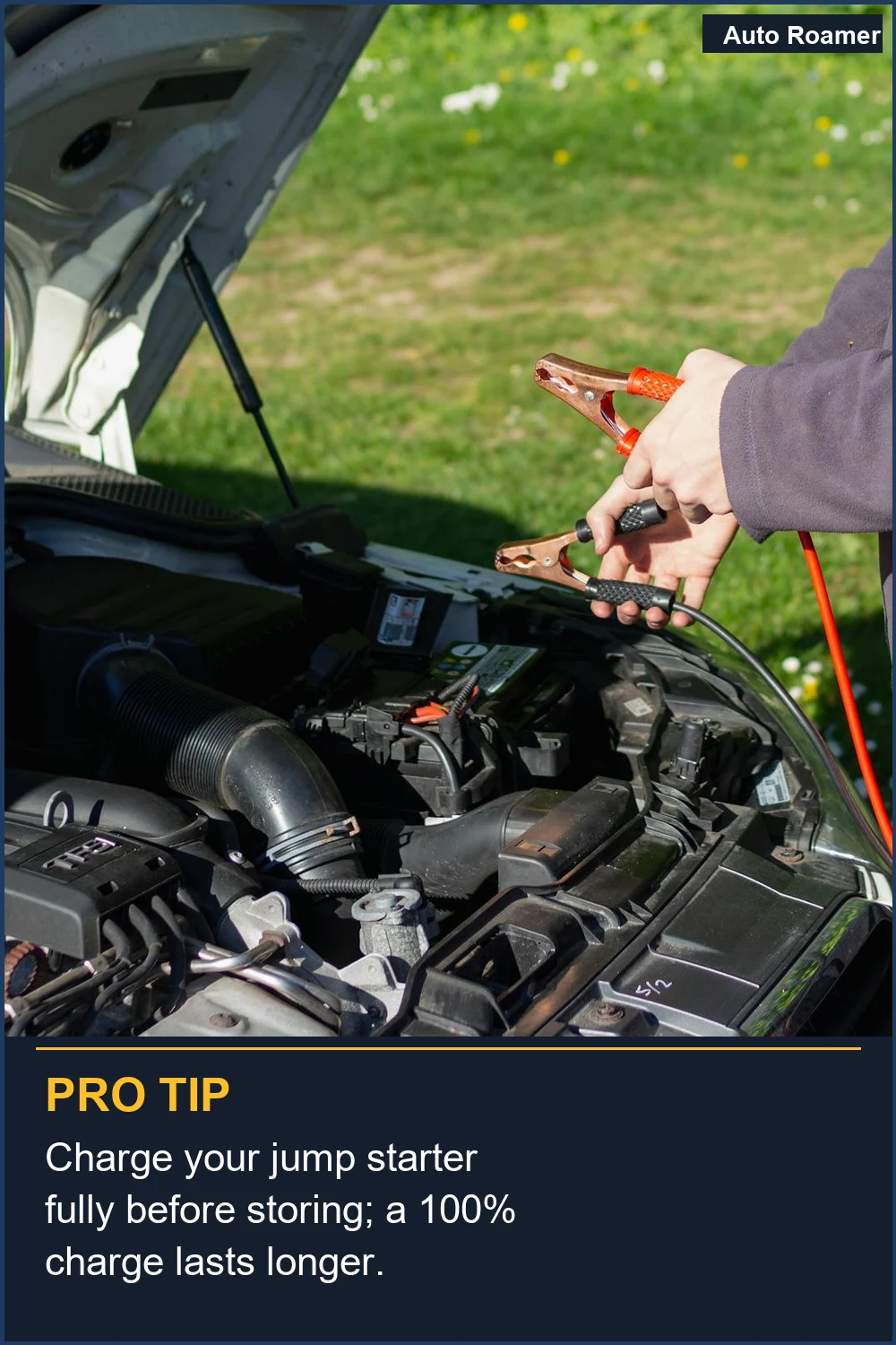 Charge your jump starter fully before storing; a 100% charge lasts longer.