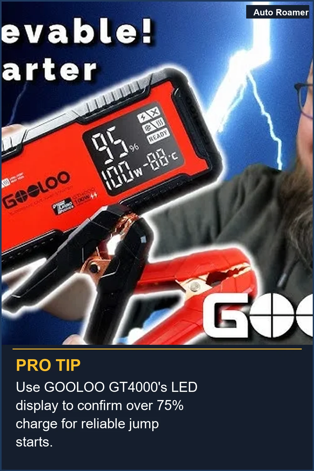Use GOOLOO GT4000's LED display to confirm over 75% charge for reliable jump starts.