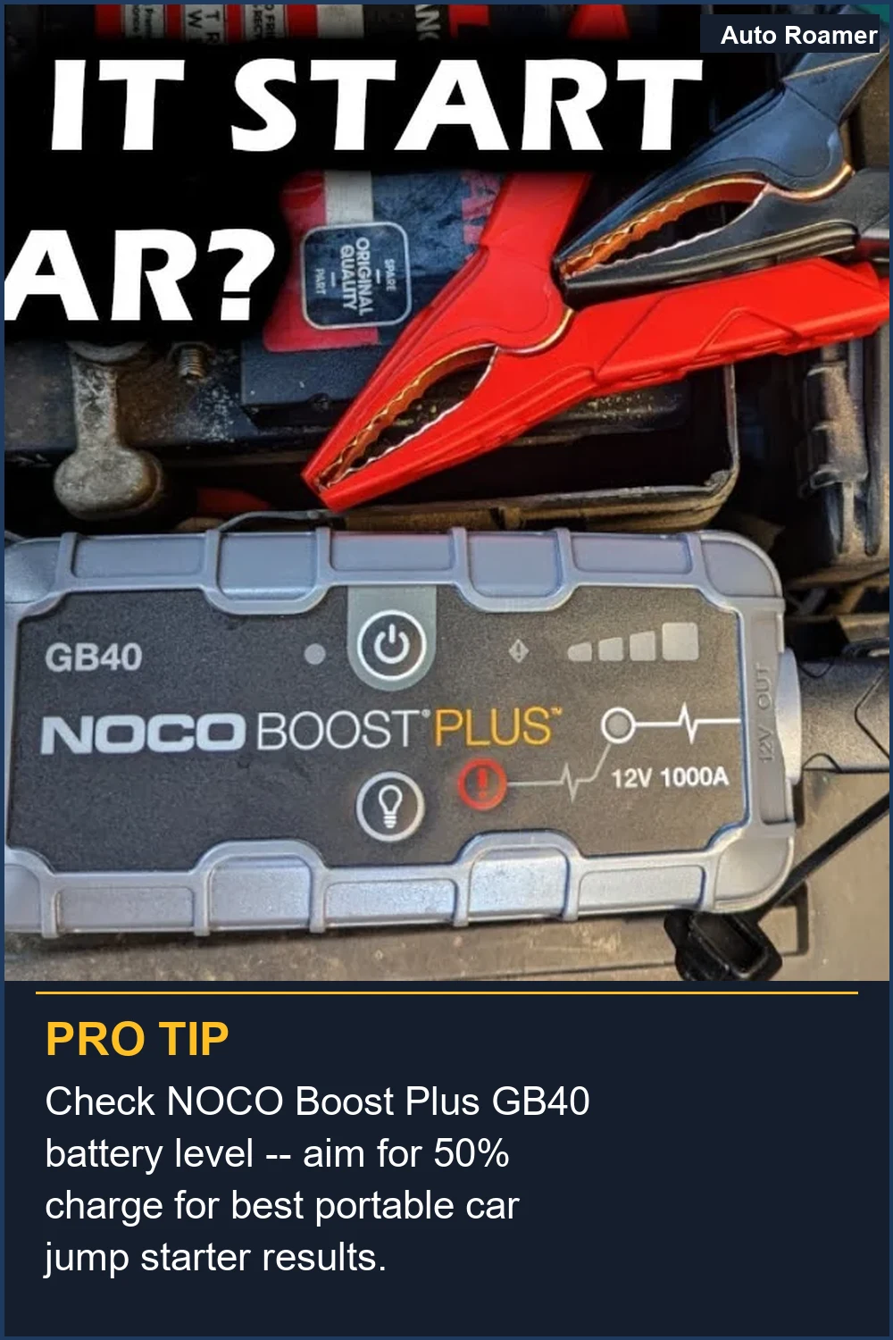 Check NOCO Boost Plus GB40 battery level -- aim for 50% charge for best portable car jump starter results.