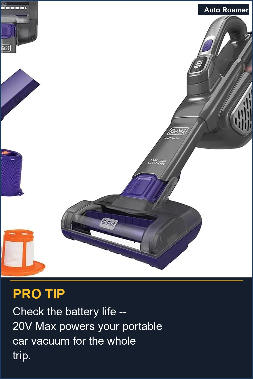 Check the battery life -- 20V Max powers your portable car vacuum for the whole trip.