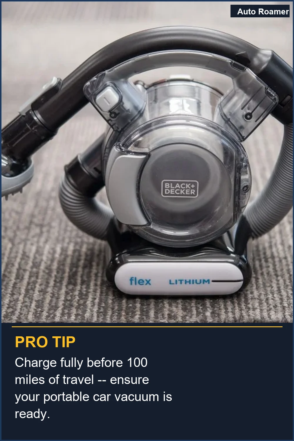 Charge fully before 100 miles of travel -- ensure your portable car vacuum is ready.