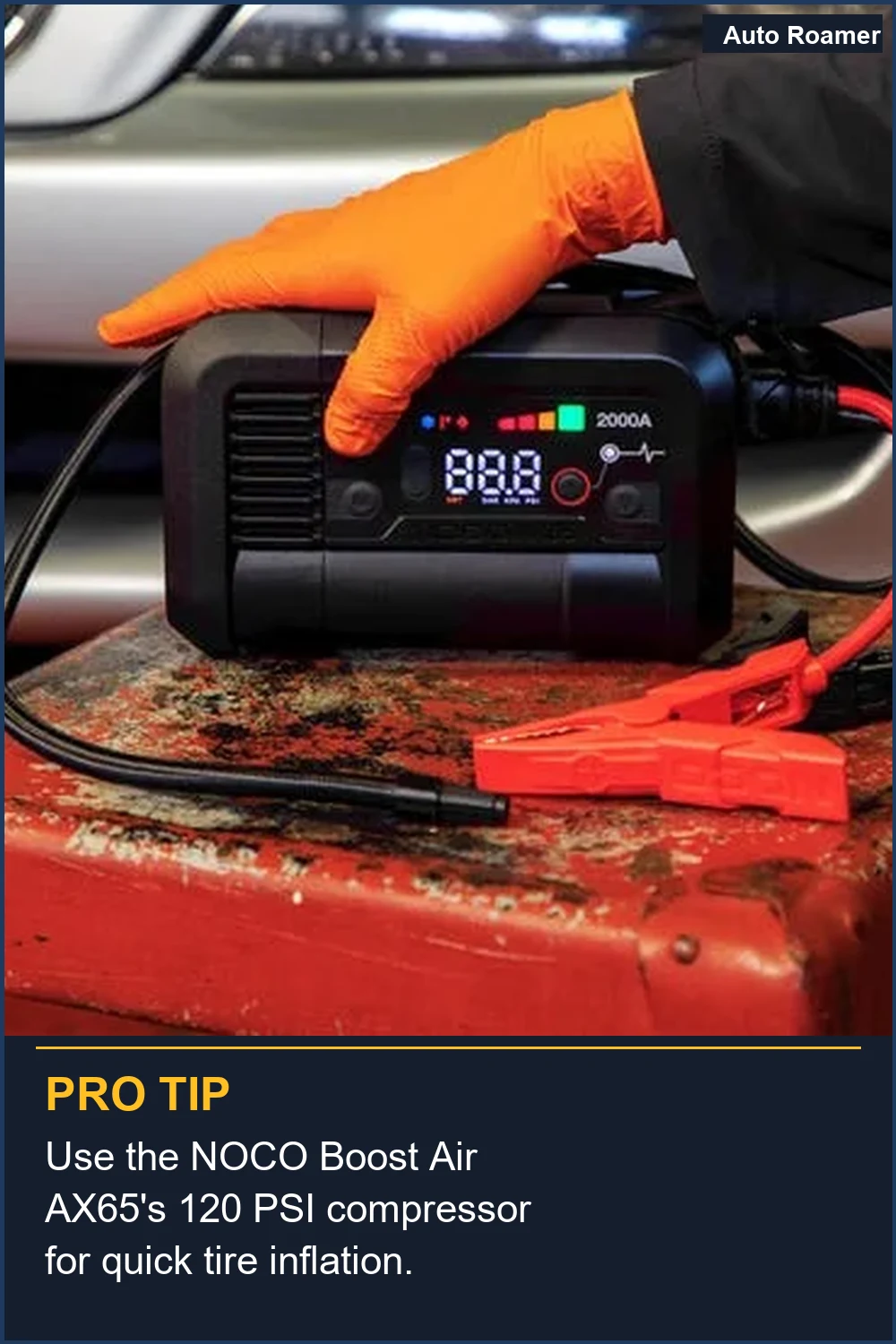 Use the NOCO Boost Air AX65's 120 PSI compressor for quick tire inflation.