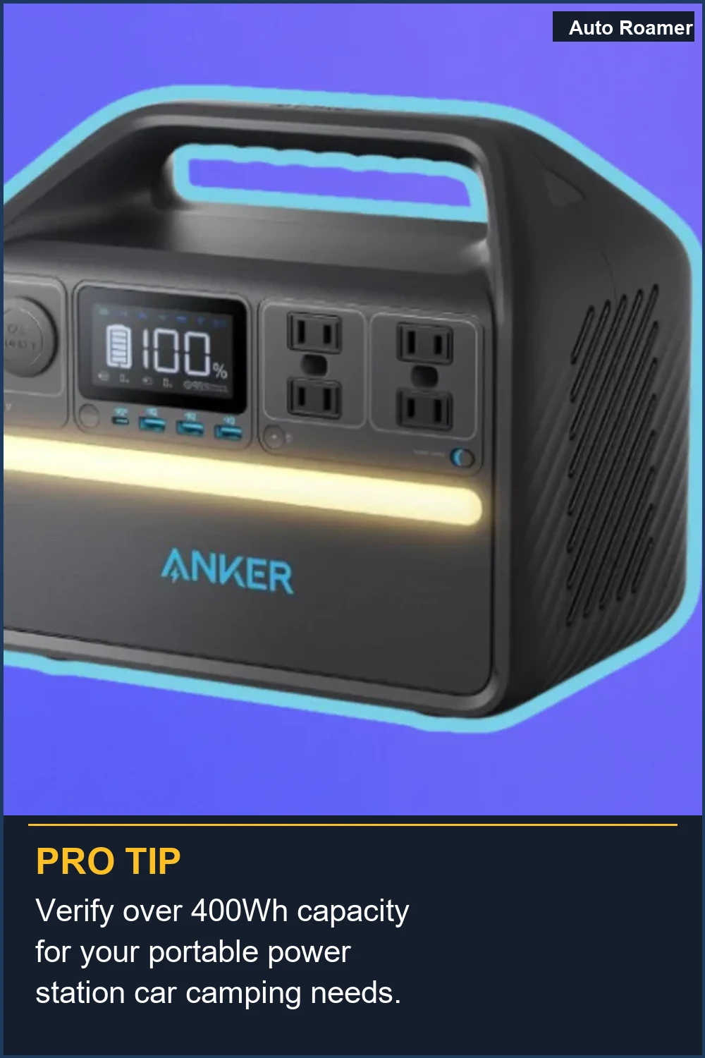 Verify over 400Wh capacity for your portable power station car camping needs.