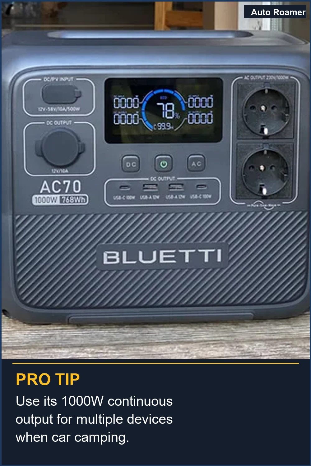 Use its 1000W continuous output for multiple devices when car camping.