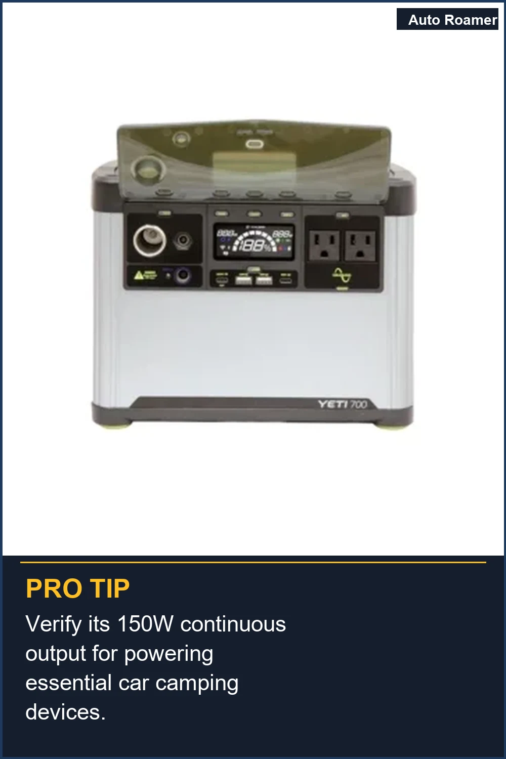 Verify its 150W continuous output for powering essential car camping devices.