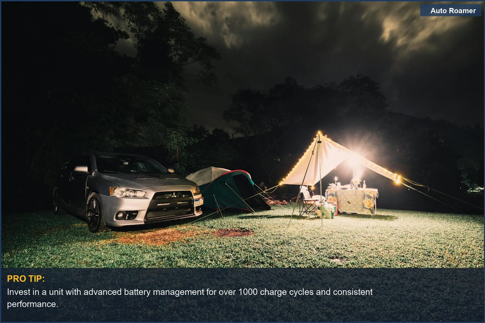 Illuminated car camping site at night, showcasing the benefits of a reliable portable power station for car camping.