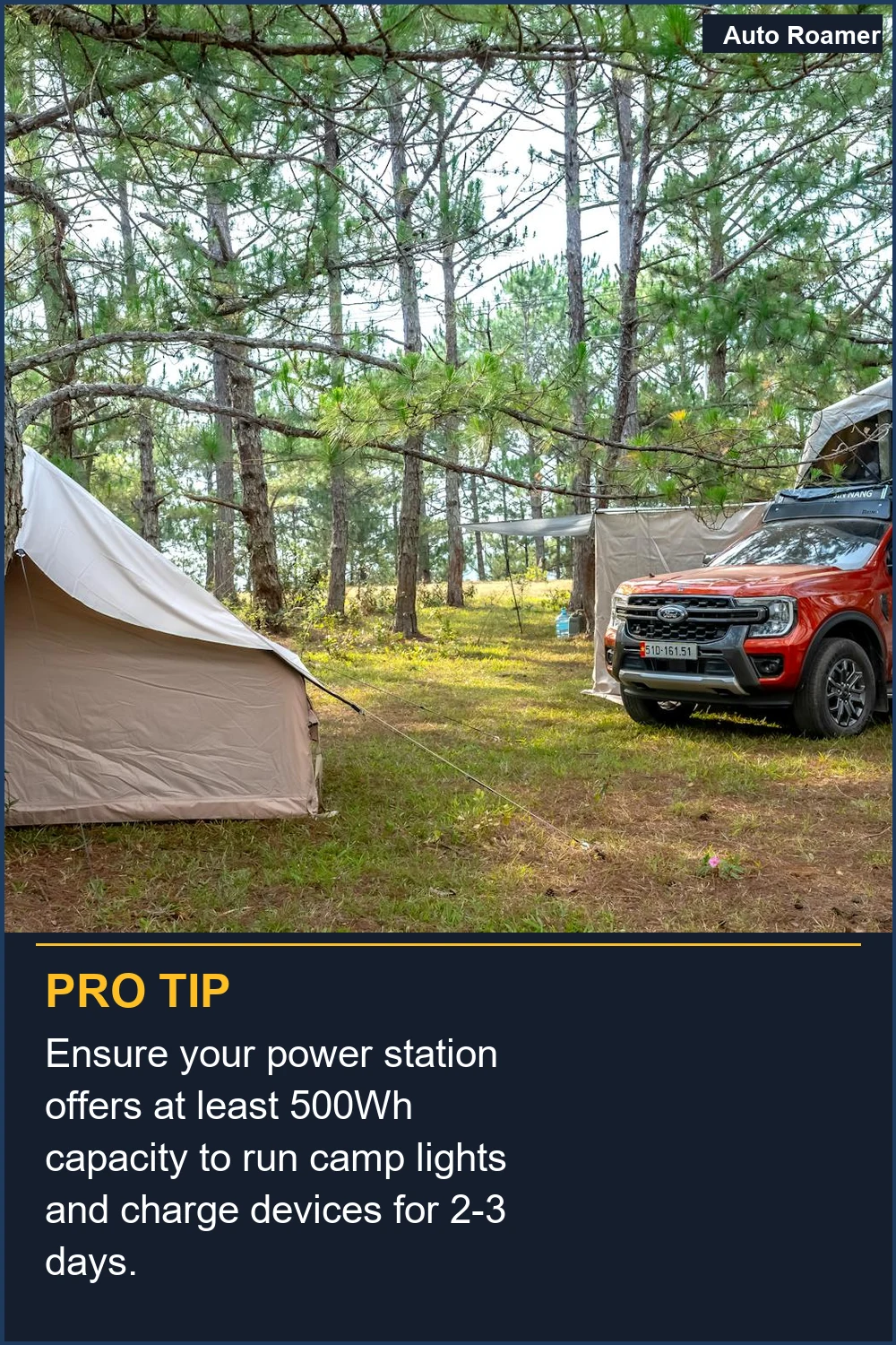 Ensure your power station offers at least 500Wh capacity to run camp lights and charge devices for 2-3 days.