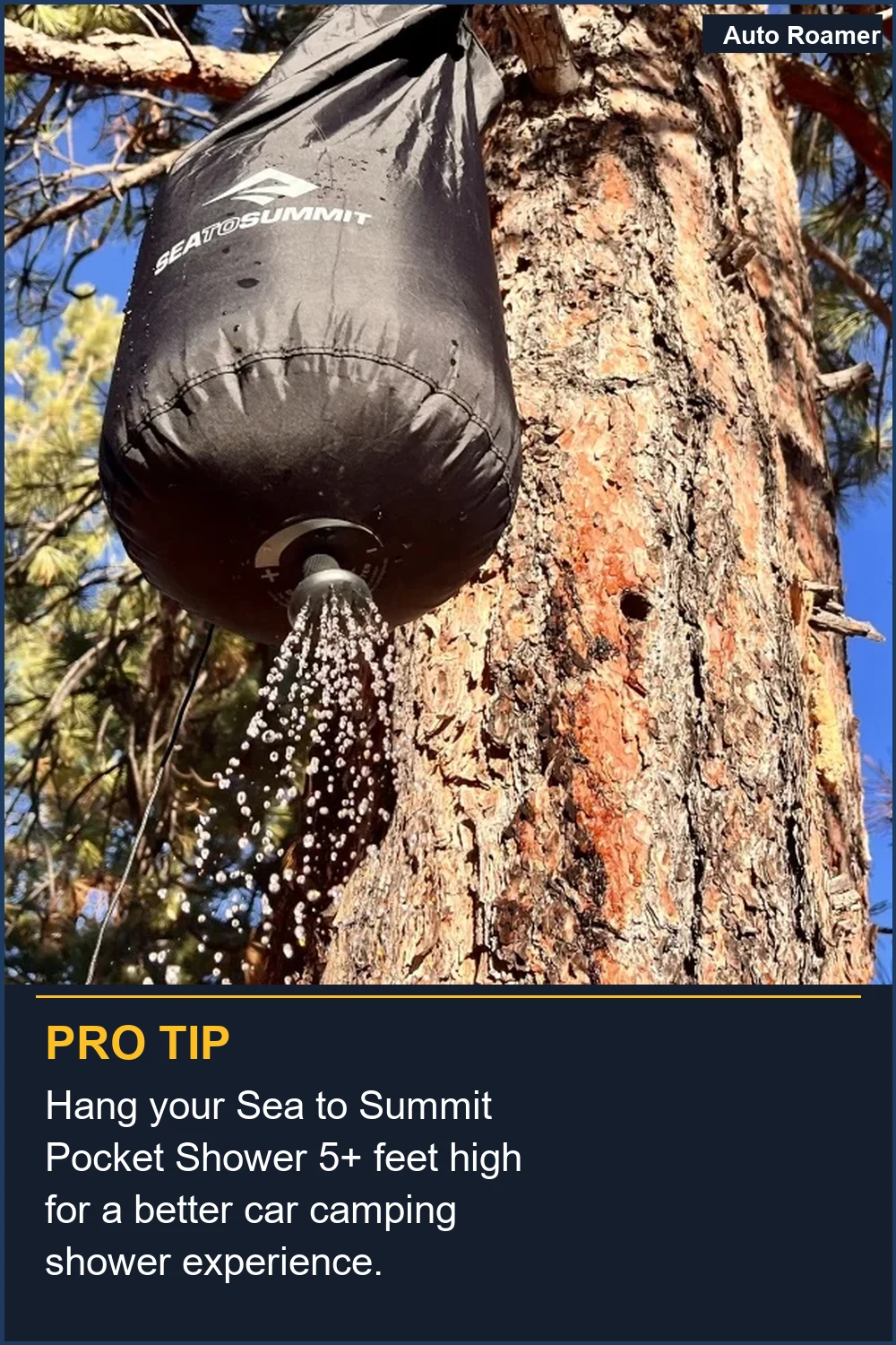 Hang your Sea to Summit Pocket Shower 5+ feet high for a better car camping shower experience.