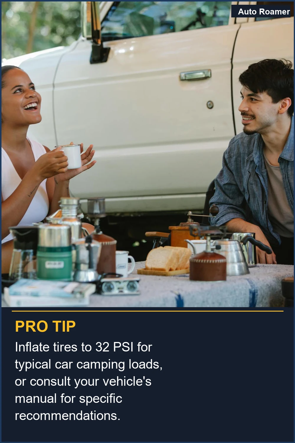 Inflate tires to 32 PSI for typical car camping loads, or consult your vehicle's manual for specific recommendations.