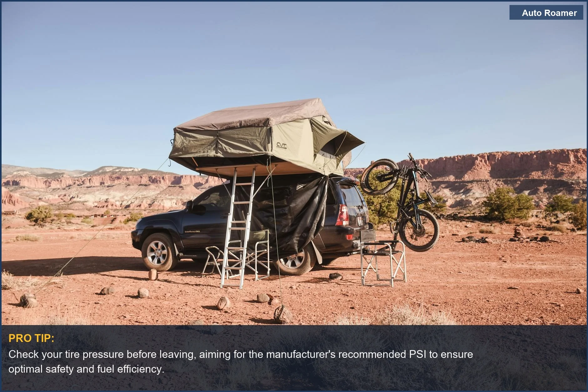 Explore the desert with a rooftop tent and mountain bike, highlighting the need for a portable tire inflator for car camping.