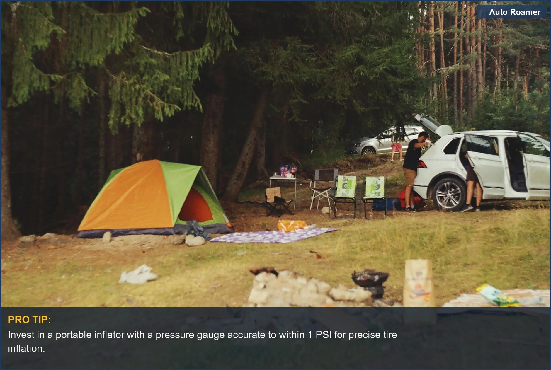 Peaceful forest camping scene with a tent, car, and campfire, illustrating the value of an affordable tire inflator for car camping.
