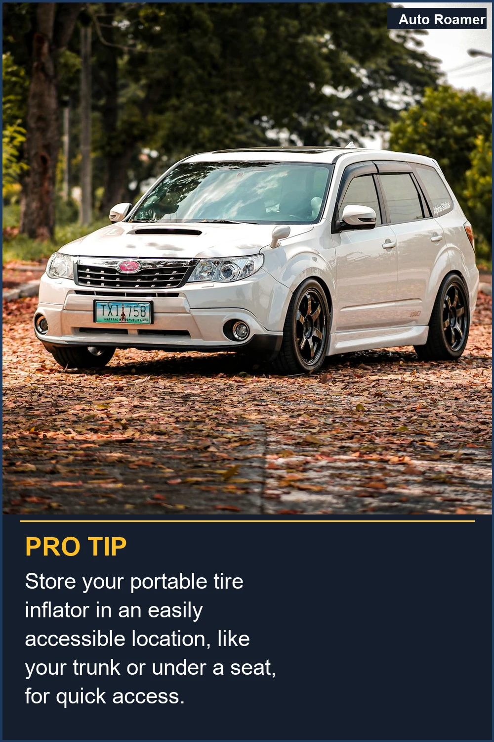 Guarda tu inflador de neumáticos portátil en un lugar de fácil acceso, como tu maletero o debajo de un asiento, para un acceso rápido.