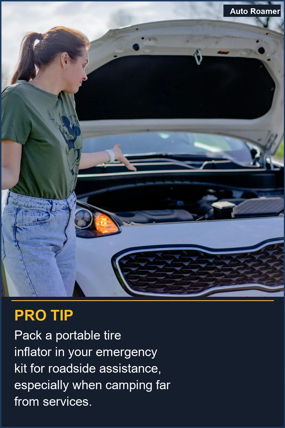 Empaca un inflador de neumáticos portátil en tu kit de emergencia para asistencia en carretera, especialmente cuando acampas lejos de los servicios.