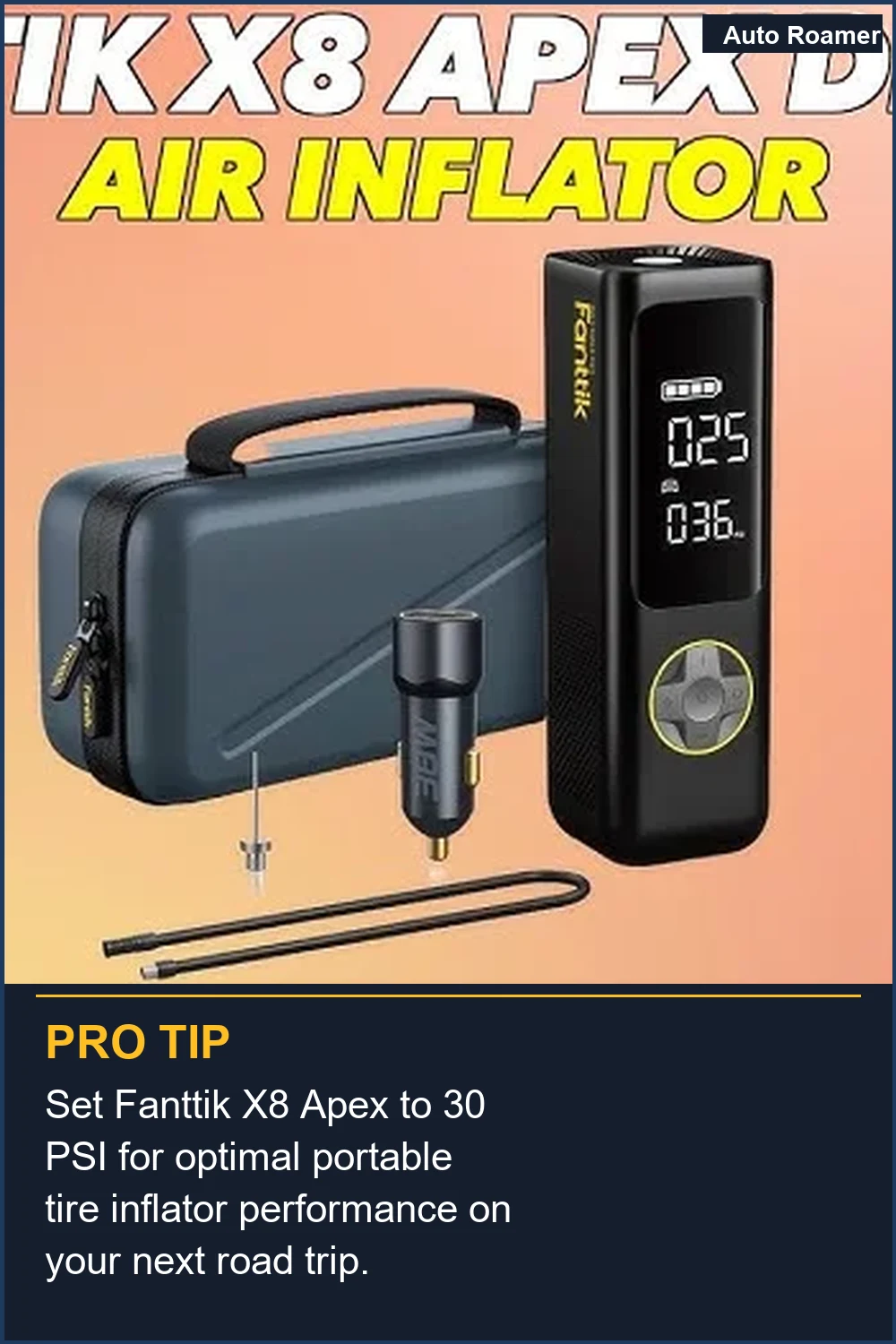 Set Fanttik X8 Apex to 30 PSI for optimal portable tire inflator performance on your next road trip.