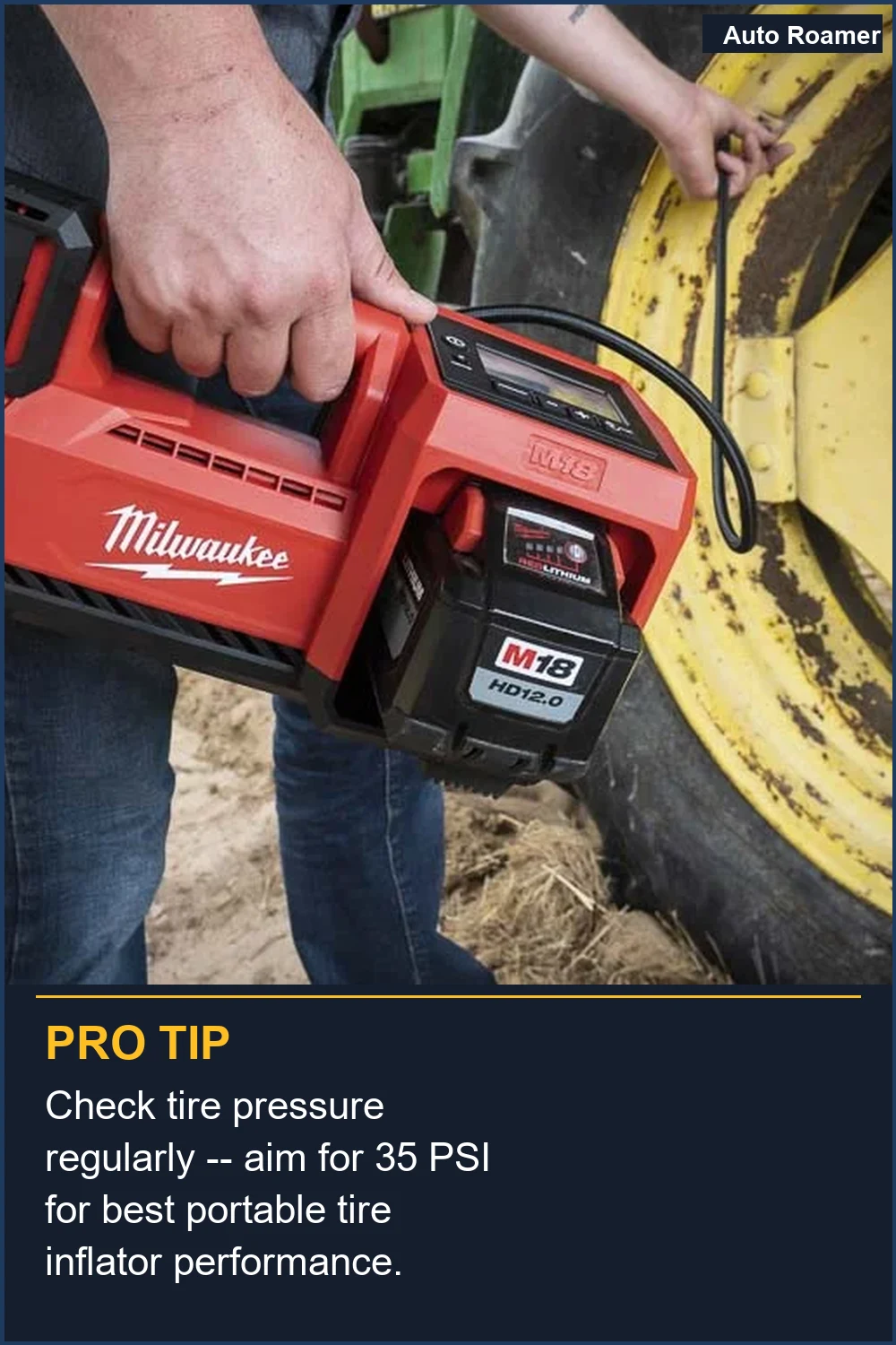Check tire pressure regularly -- aim for 35 PSI for best portable tire inflator performance.