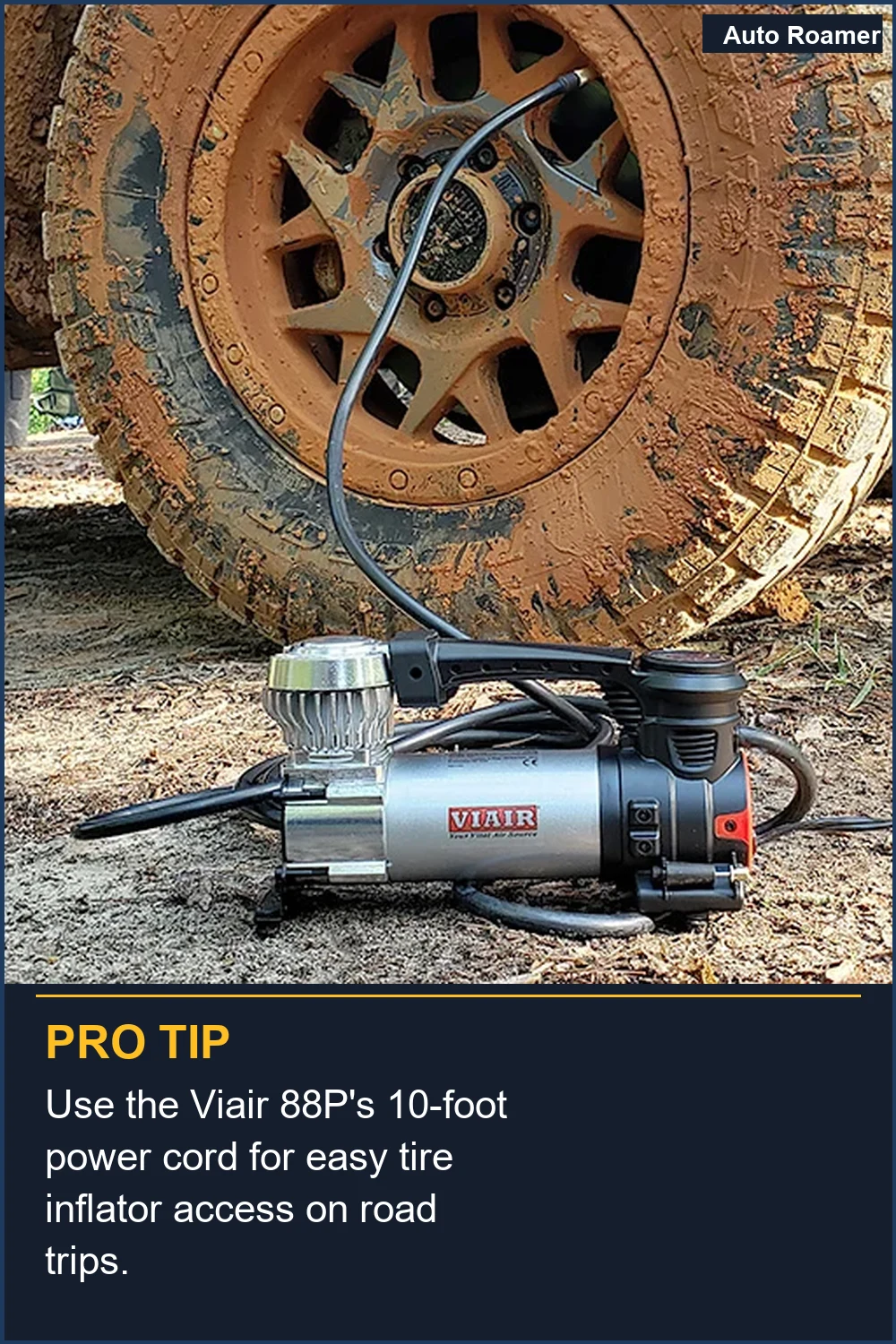 Use the Viair 88P's 10-foot power cord for easy tire inflator access on road trips.