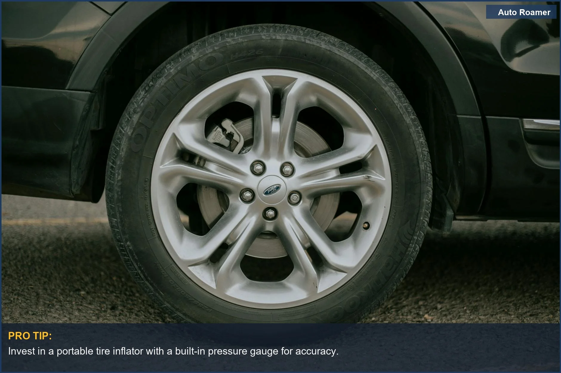 Detailed view of a car tire and alloy rim, showcasing the need for a portable tire inflator.