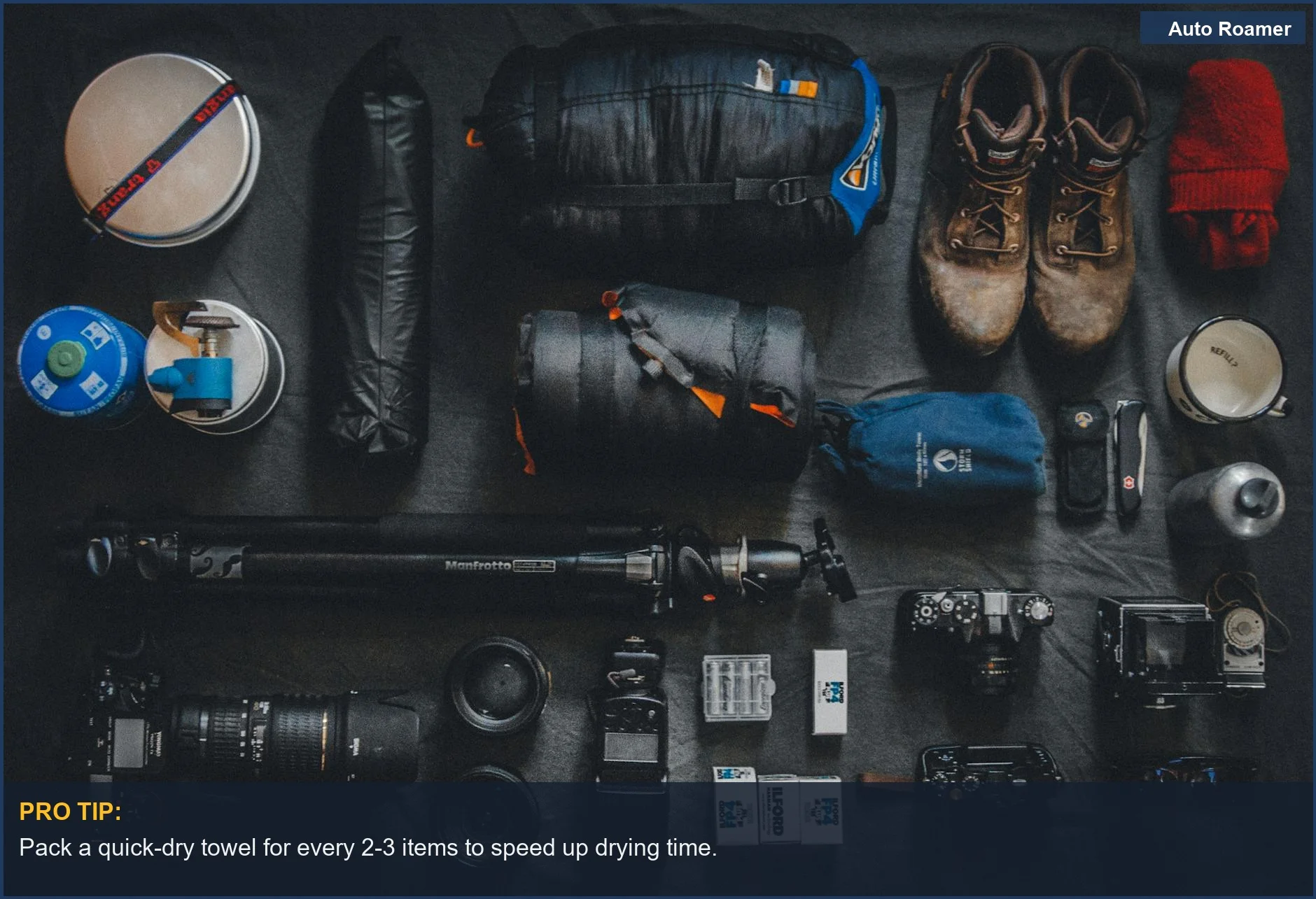 Organized flat lay of outdoor camping gear, illustrating preparedness for portable laundry.